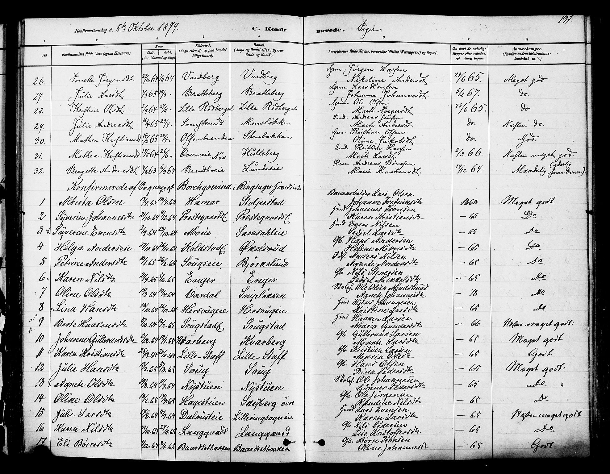 Ringsaker prestekontor, AV/SAH-PREST-014/K/Ka/L0012: Parish register (official) no. 12, 1879-1890, p. 197