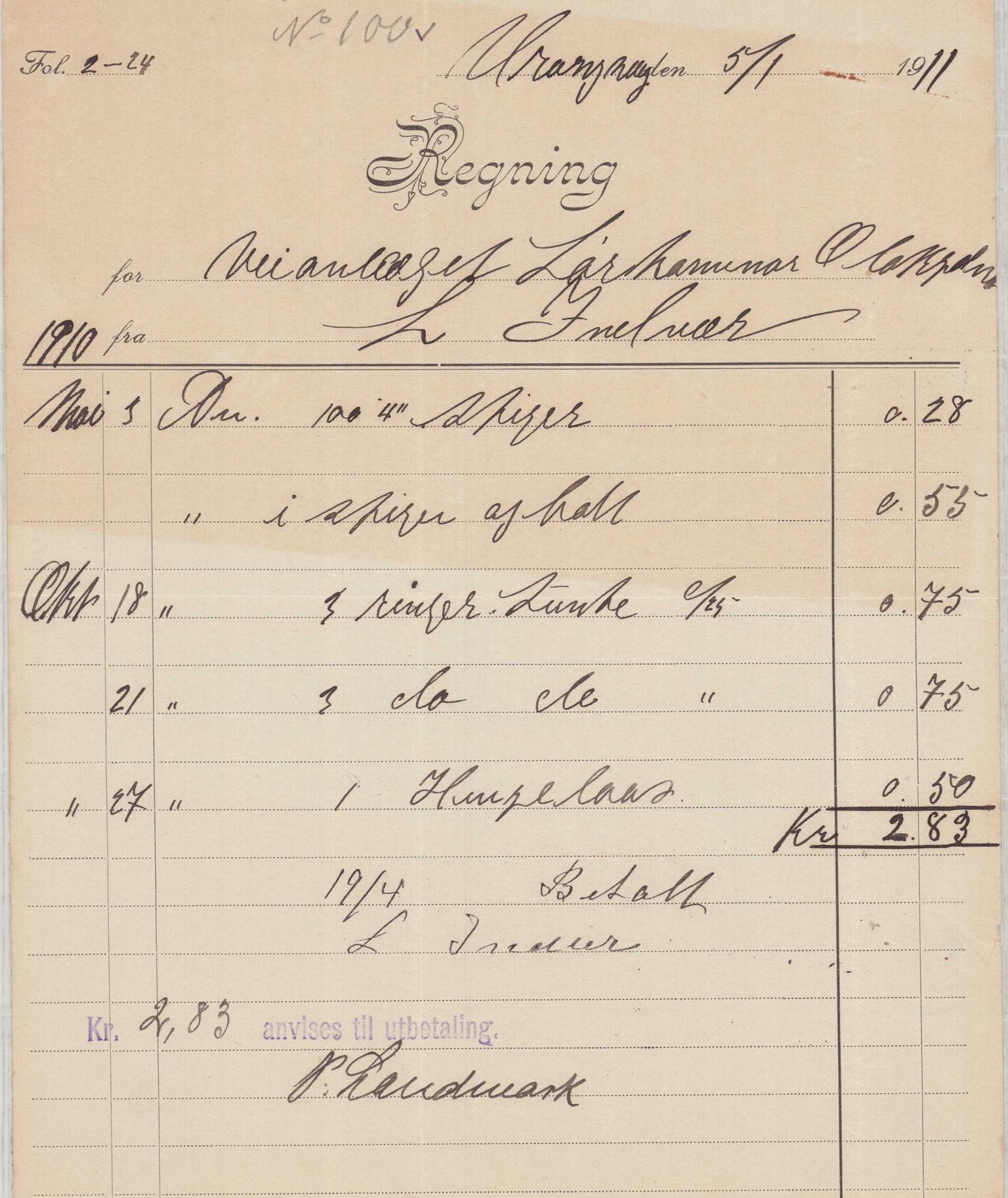 Finnaas kommune. Formannskapet, IKAH/1218a-021/E/Ea/L0001/0003: Rekneskap for veganlegg / Rekneskap for veganlegget Laurhammer - Olakjødn, 1909-1911, p. 68