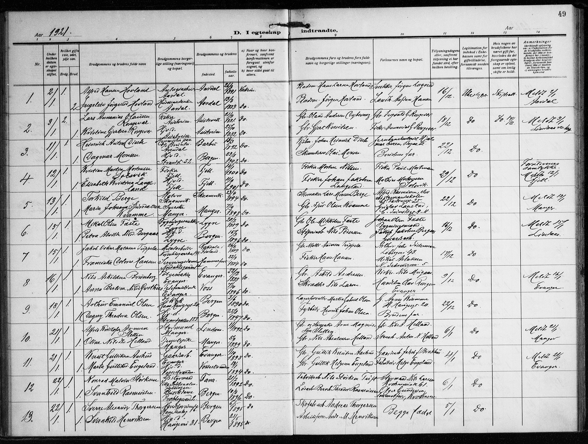 Nykirken Sokneprestembete, SAB/A-77101/H/Haa/L0037: Parish register (official) no. D 7, 1918-1926, p. 49