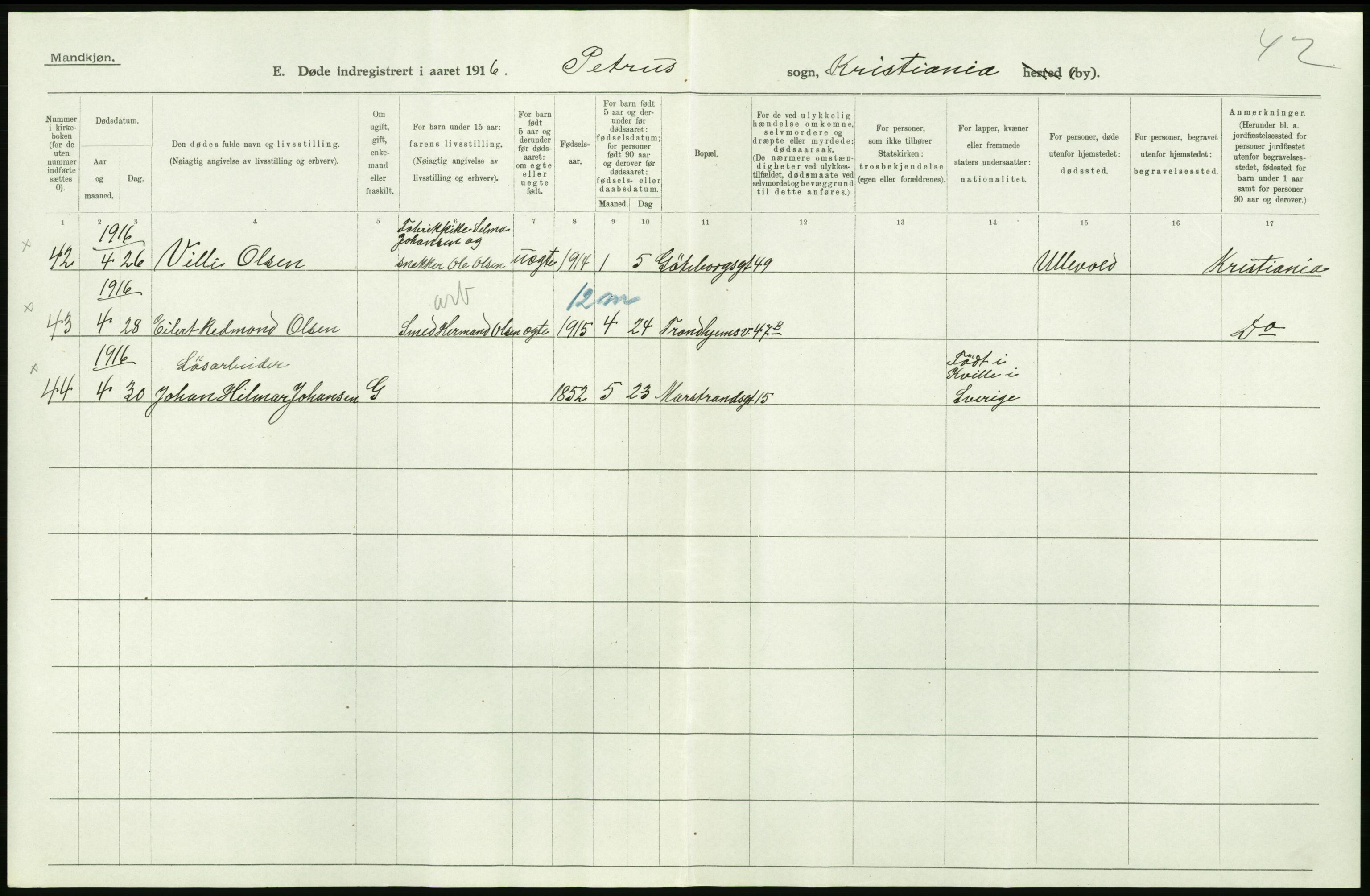 Statistisk sentralbyrå, Sosiodemografiske emner, Befolkning, AV/RA-S-2228/D/Df/Dfb/Dfbf/L0009: Kristiania: Døde., 1916, p. 86