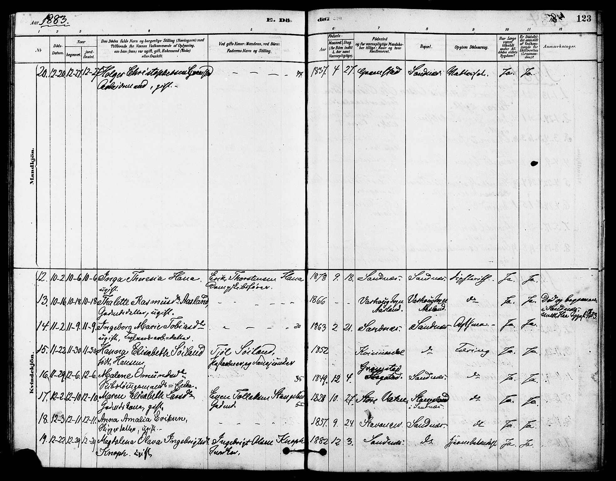 Høyland sokneprestkontor, SAST/A-101799/001/30BA/L0012: Parish register (official) no. A 11, 1878-1889, p. 123