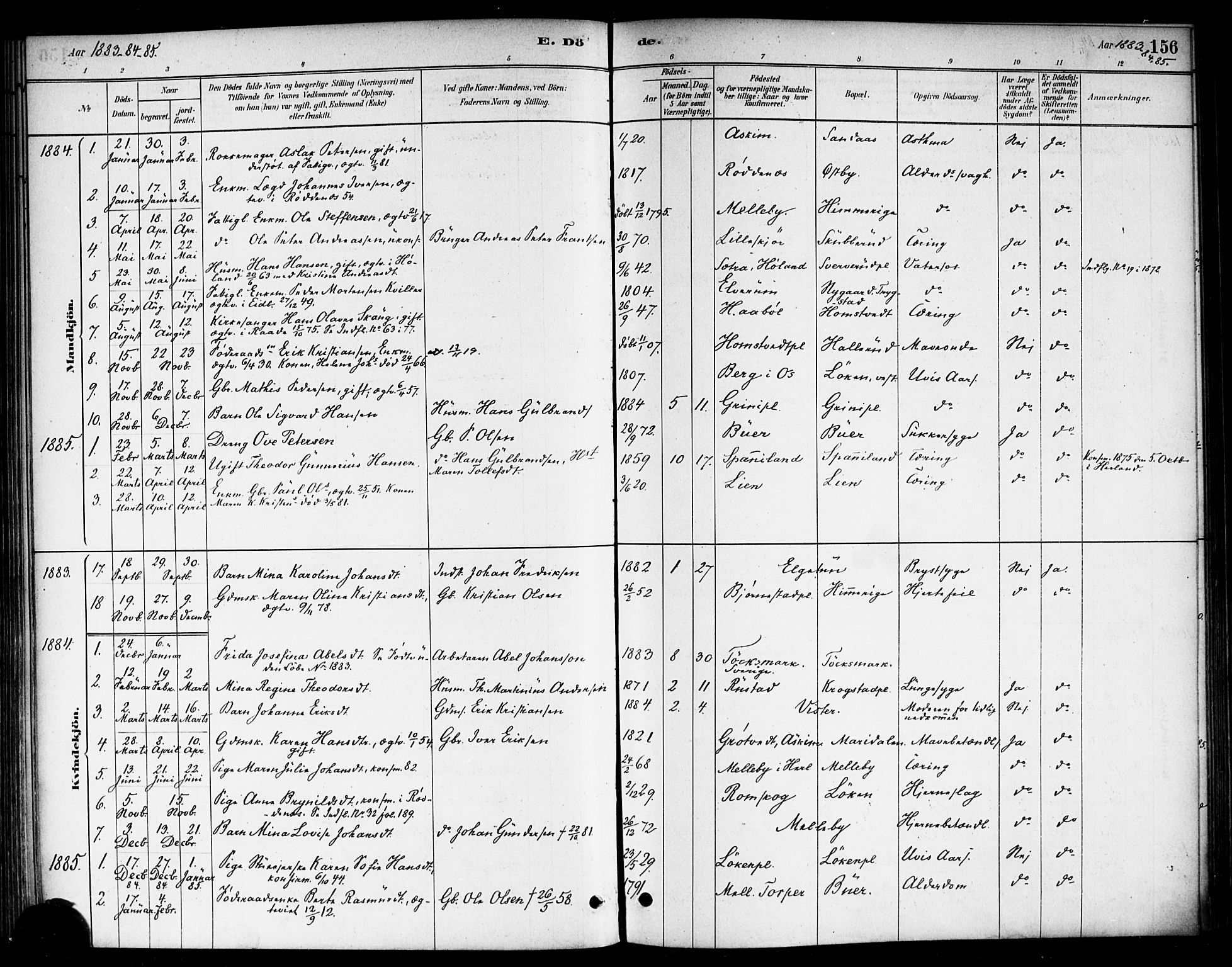Eidsberg prestekontor Kirkebøker, SAO/A-10905/F/Fb/L0001: Parish register (official) no. II 1, 1879-1900, p. 156
