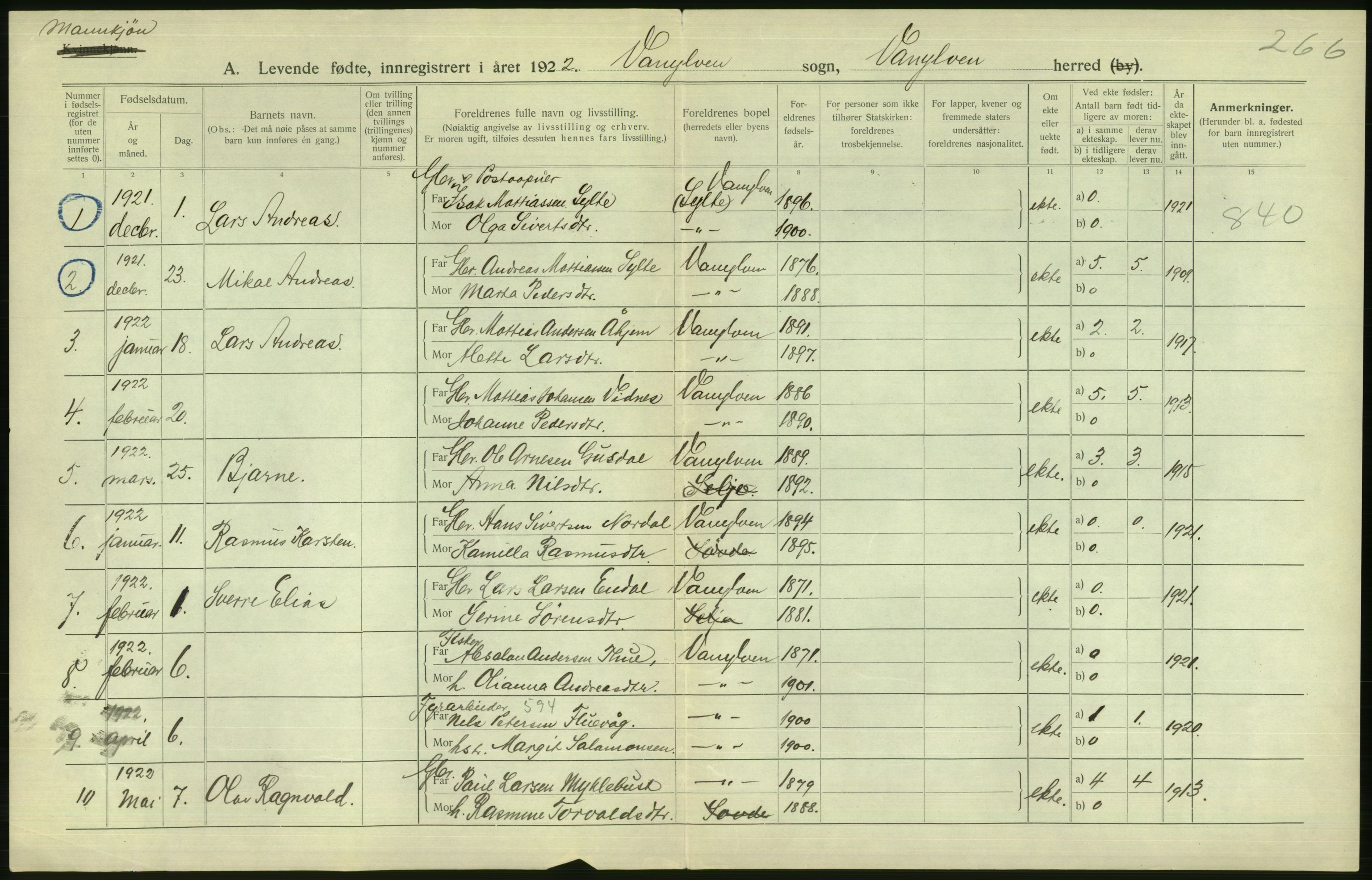 Statistisk sentralbyrå, Sosiodemografiske emner, Befolkning, AV/RA-S-2228/D/Df/Dfc/Dfcb/L0034: Møre fylke: Levendefødte menn og kvinner. Bygder., 1922, p. 2