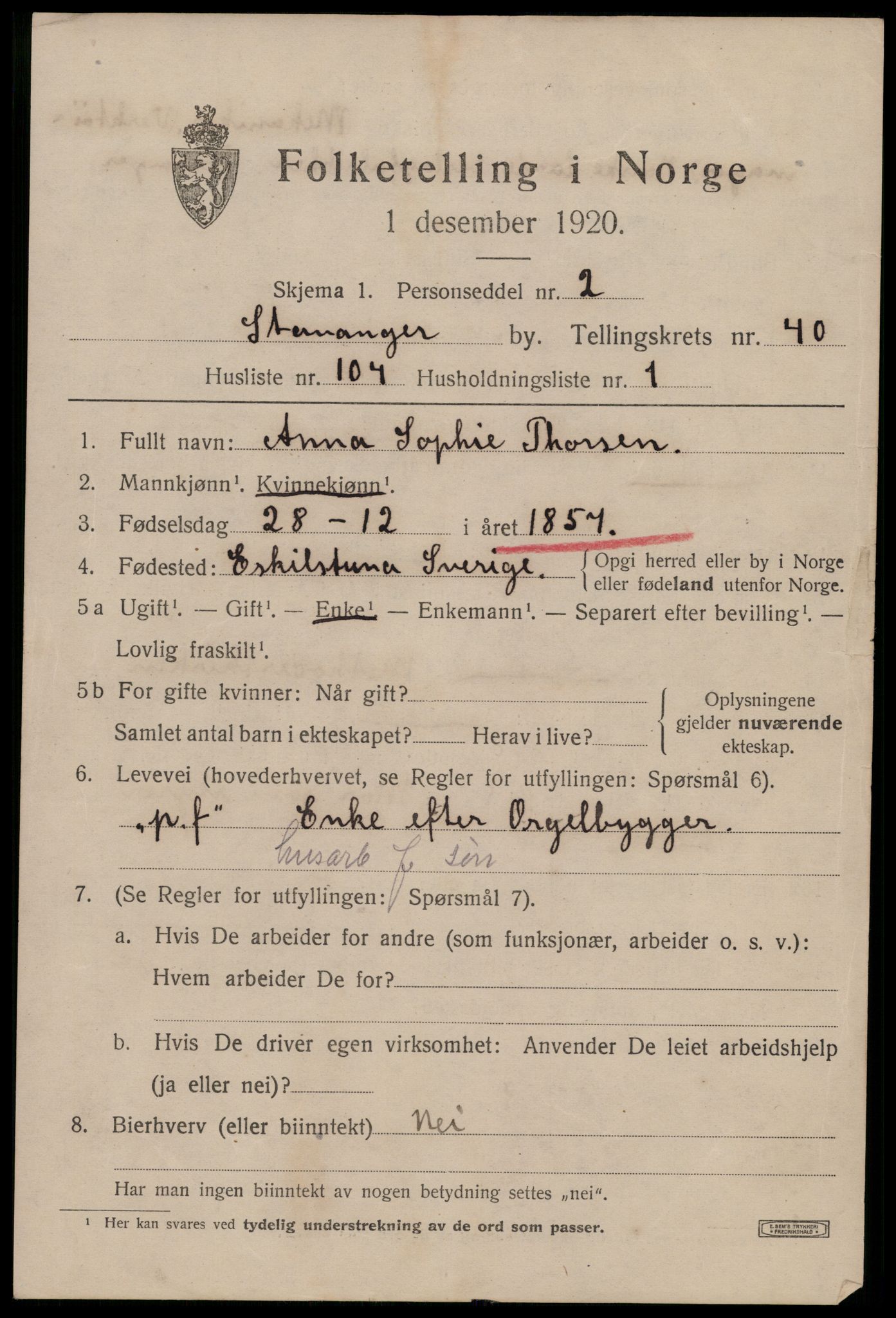 SAST, 1920 census for Stavanger, 1920, p. 103590