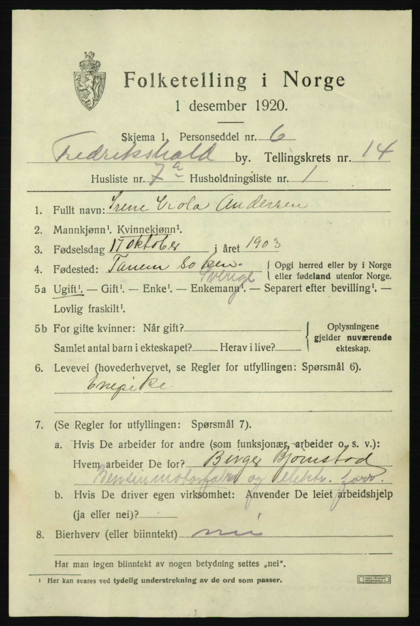 SAO, 1920 census for Fredrikshald, 1920, p. 22397