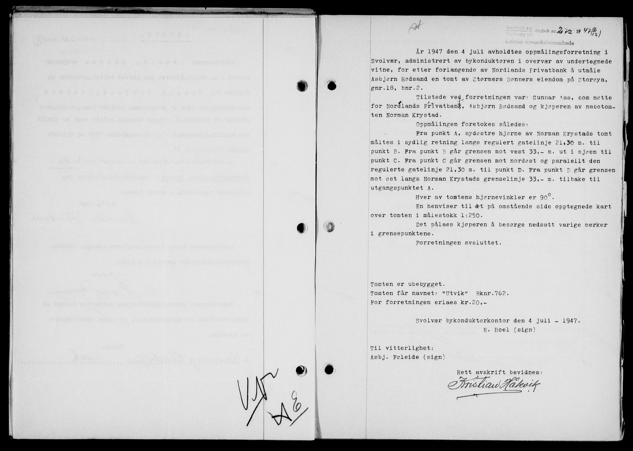 Lofoten sorenskriveri, SAT/A-0017/1/2/2C/L0017a: Mortgage book no. 17a, 1947-1948, Diary no: : 2072/1947