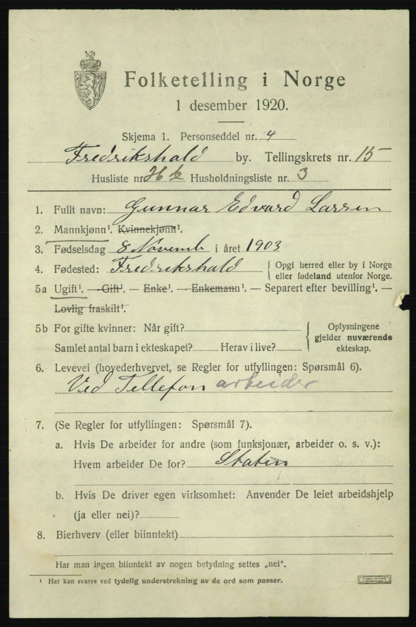 SAO, 1920 census for Fredrikshald, 1920, p. 23834