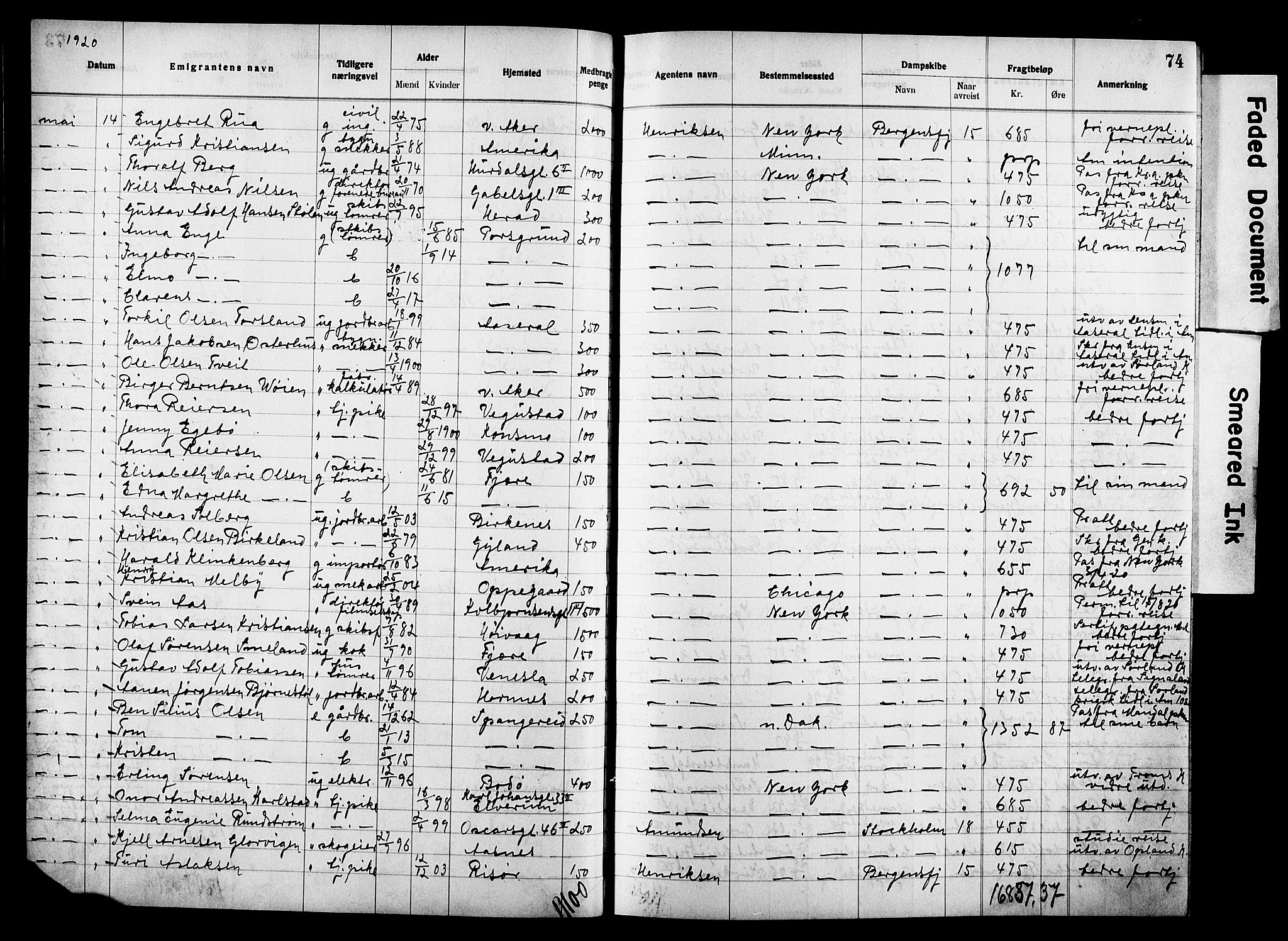 Oslo politidistrikt, AV/SAO-A-10085/E/Ee/Eef/L0033: Emigrantprotokoll, 1919-1921, p. 74