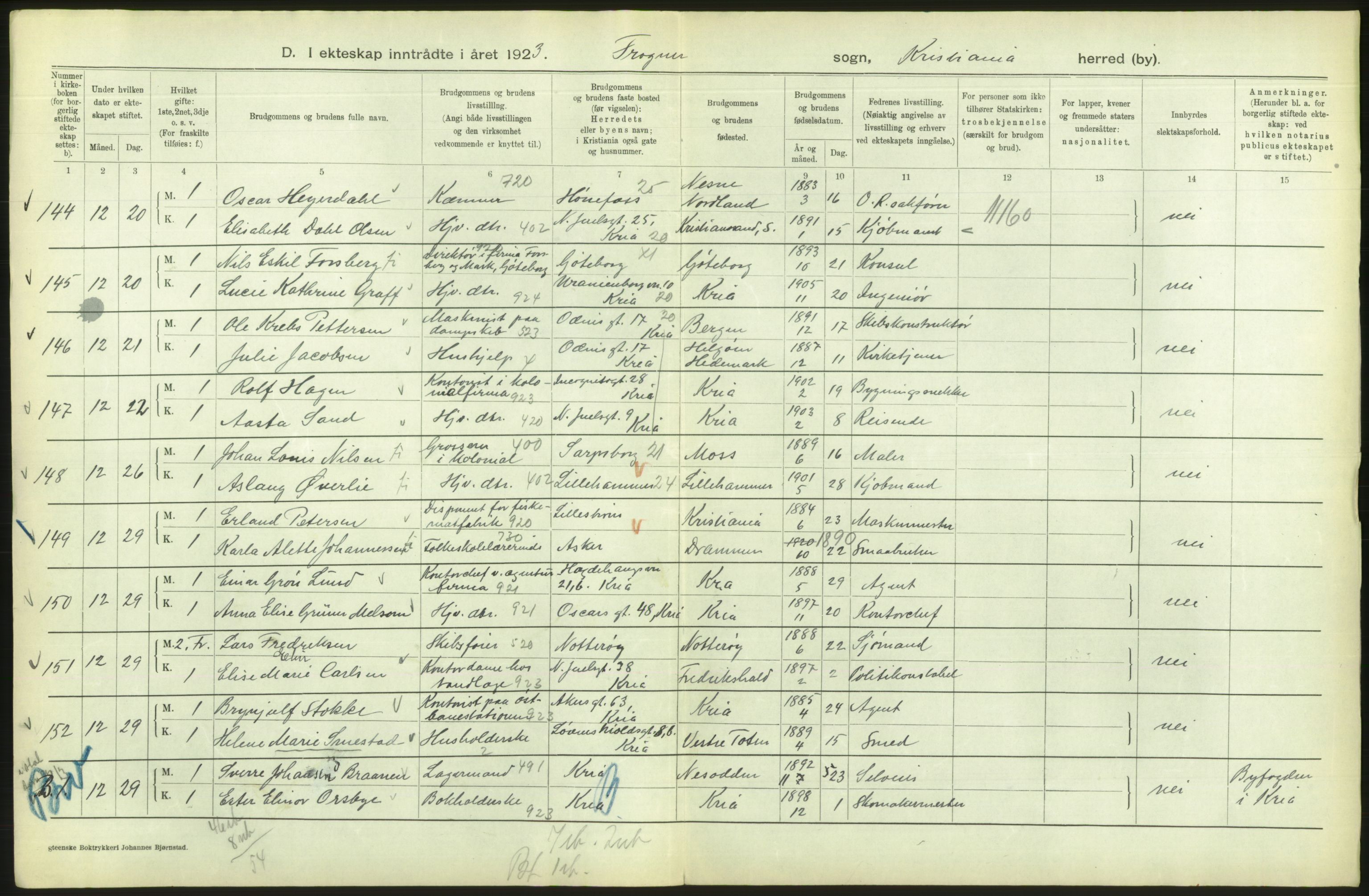 Statistisk sentralbyrå, Sosiodemografiske emner, Befolkning, AV/RA-S-2228/D/Df/Dfc/Dfcc/L0008: Kristiania: Gifte, 1923, p. 330