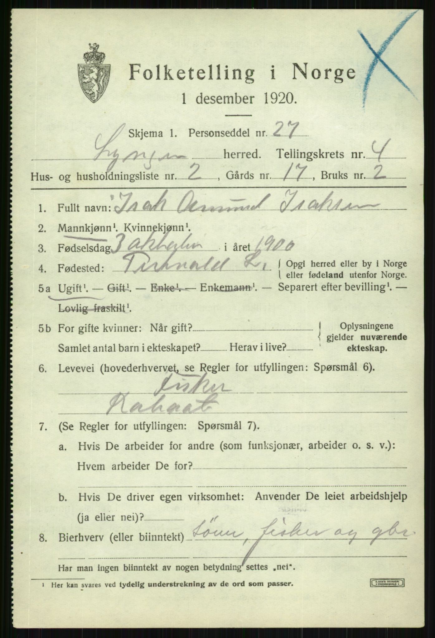 SATØ, 1920 census for Lyngen, 1920, p. 4075