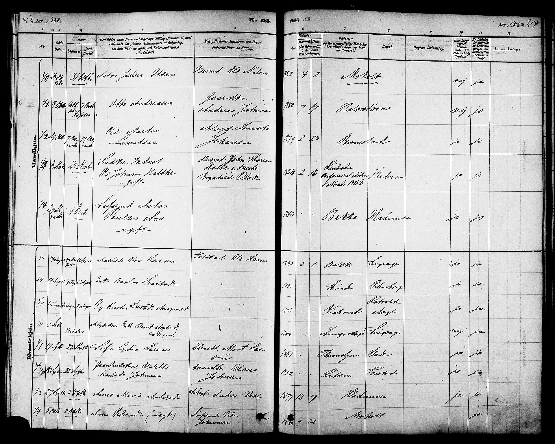 Ministerialprotokoller, klokkerbøker og fødselsregistre - Sør-Trøndelag, AV/SAT-A-1456/606/L0294: Parish register (official) no. 606A09, 1878-1886, p. 379