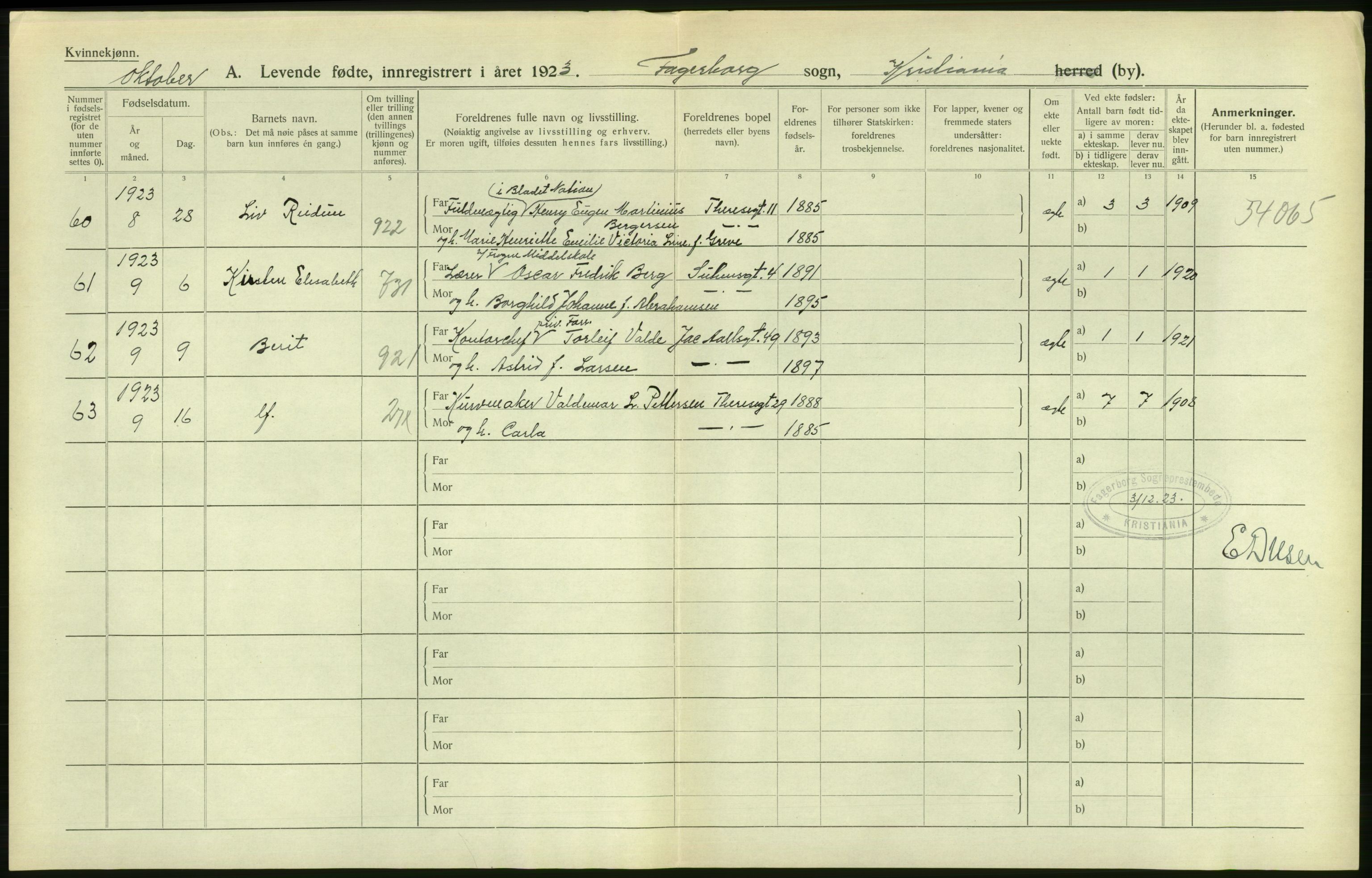 Statistisk sentralbyrå, Sosiodemografiske emner, Befolkning, AV/RA-S-2228/D/Df/Dfc/Dfcc/L0006: Kristiania: Levendefødte menn og kvinner., 1923, p. 96