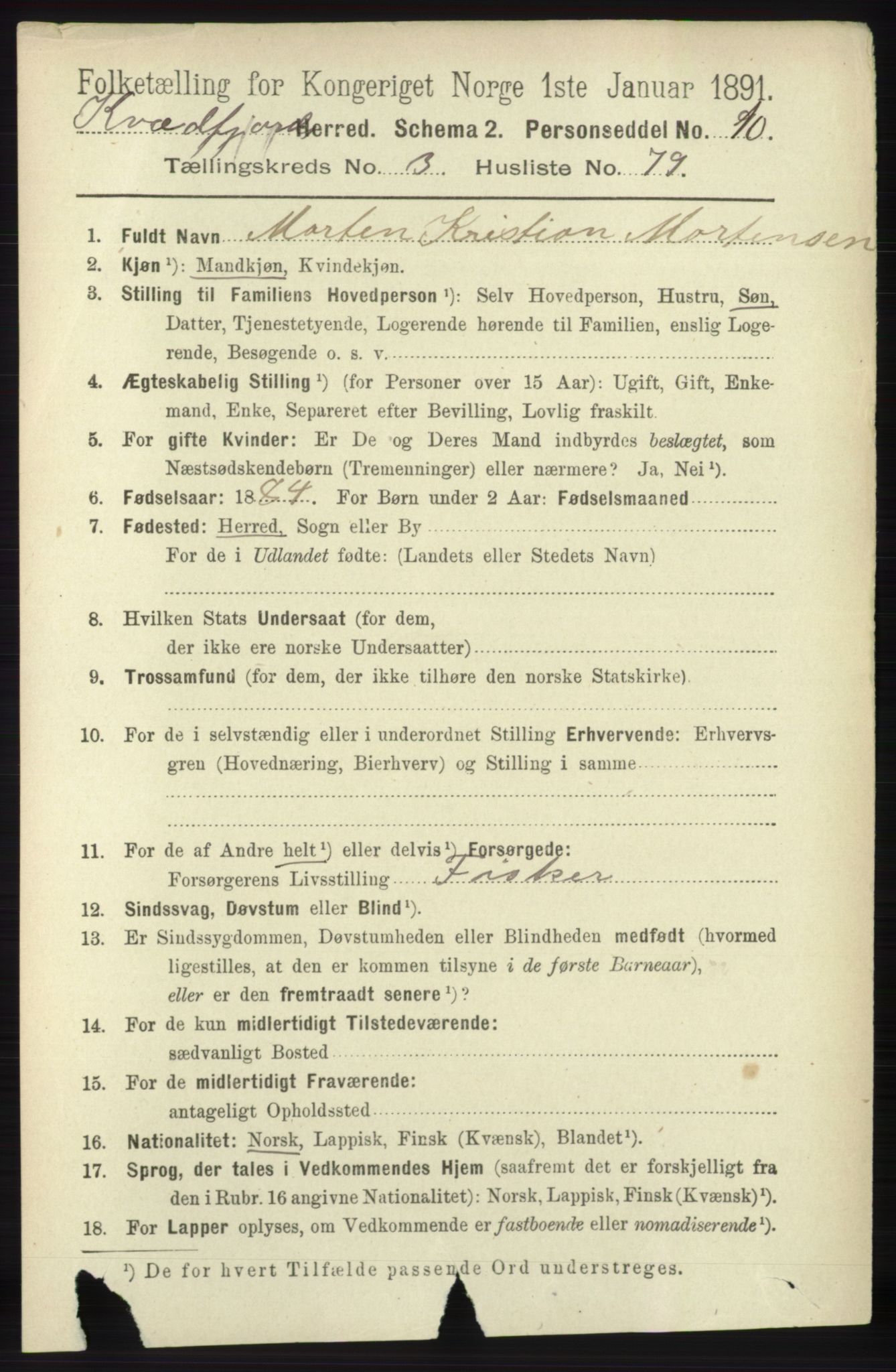 RA, 1891 census for 1911 Kvæfjord, 1891, p. 1747