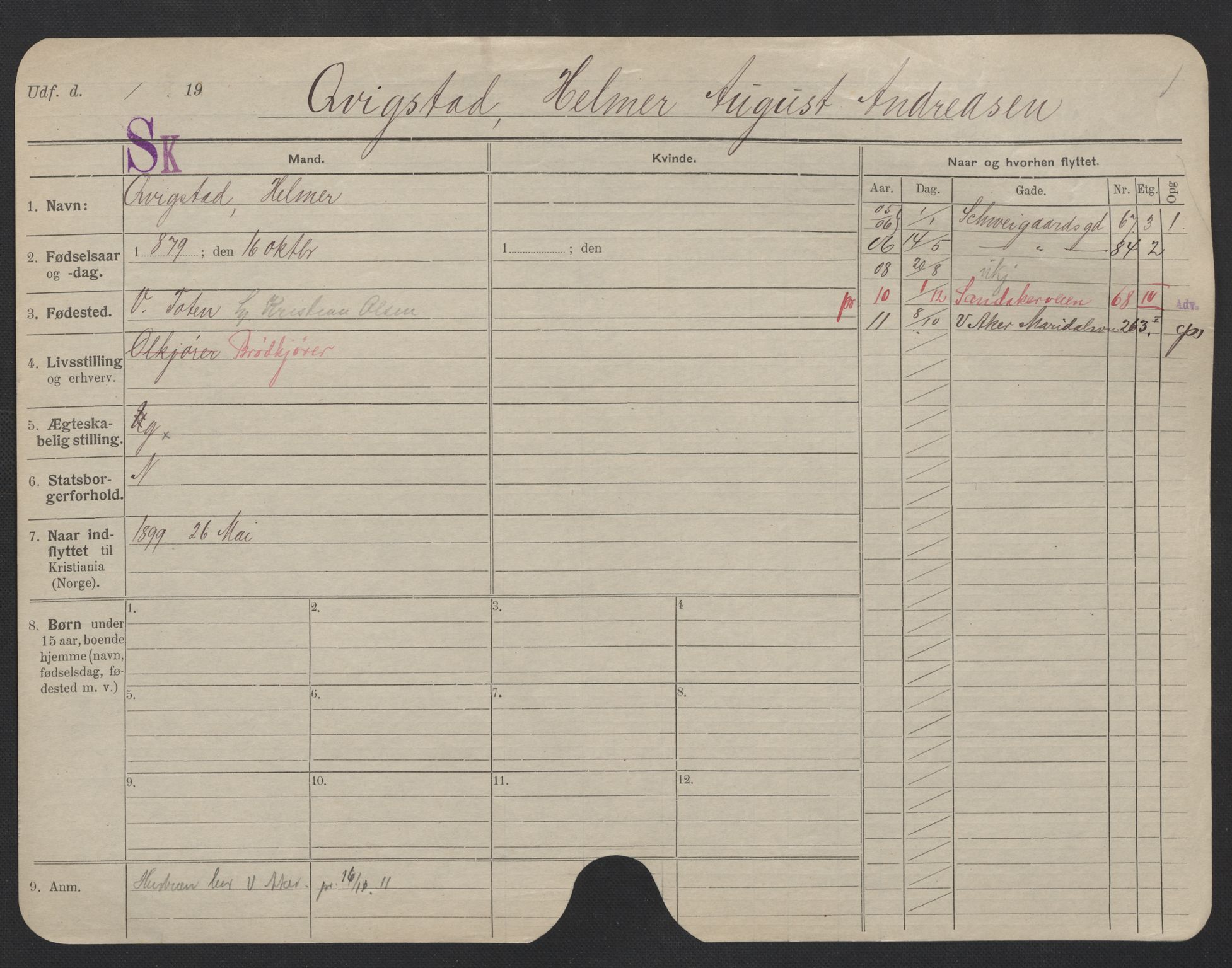 Oslo folkeregister, Registerkort, AV/SAO-A-11715/F/Fa/Fac/L0006: Menn, 1906-1914, p. 952a