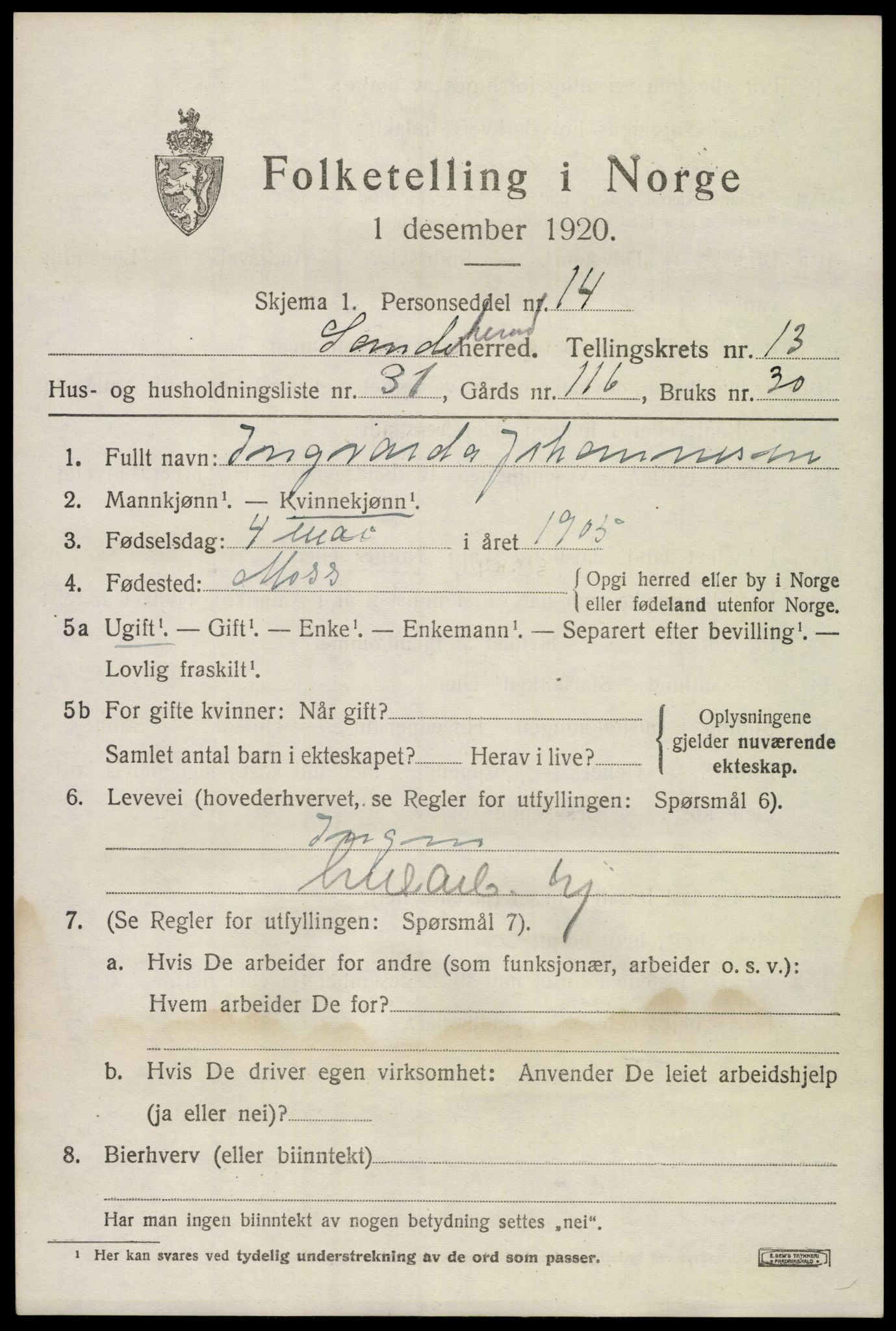 SAKO, 1920 census for Sandeherred, 1920, p. 19650