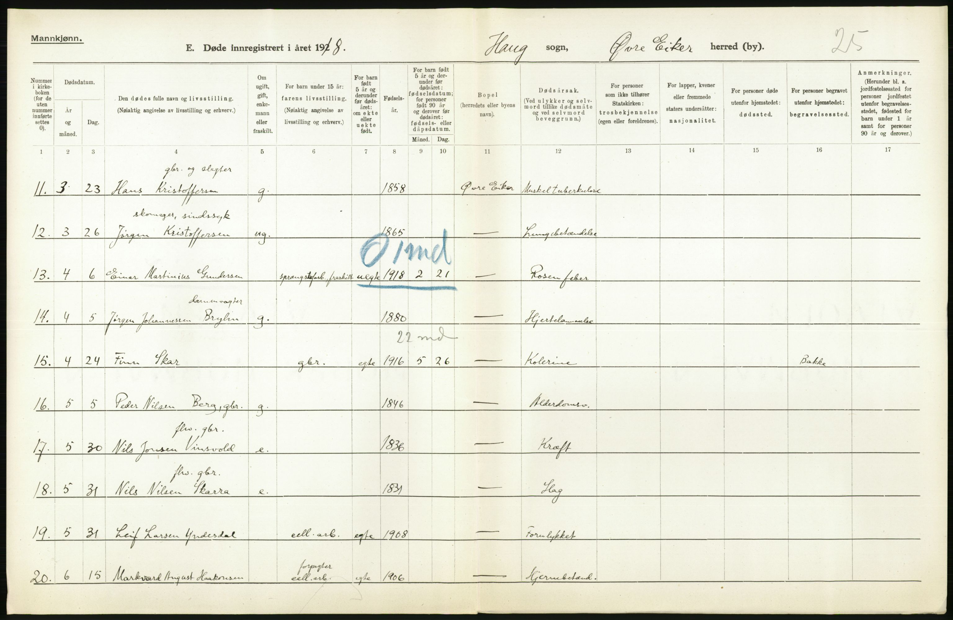 Statistisk sentralbyrå, Sosiodemografiske emner, Befolkning, AV/RA-S-2228/D/Df/Dfb/Dfbh/L0020: Buskerud fylke: Døde. Bygder og byer., 1918, p. 96