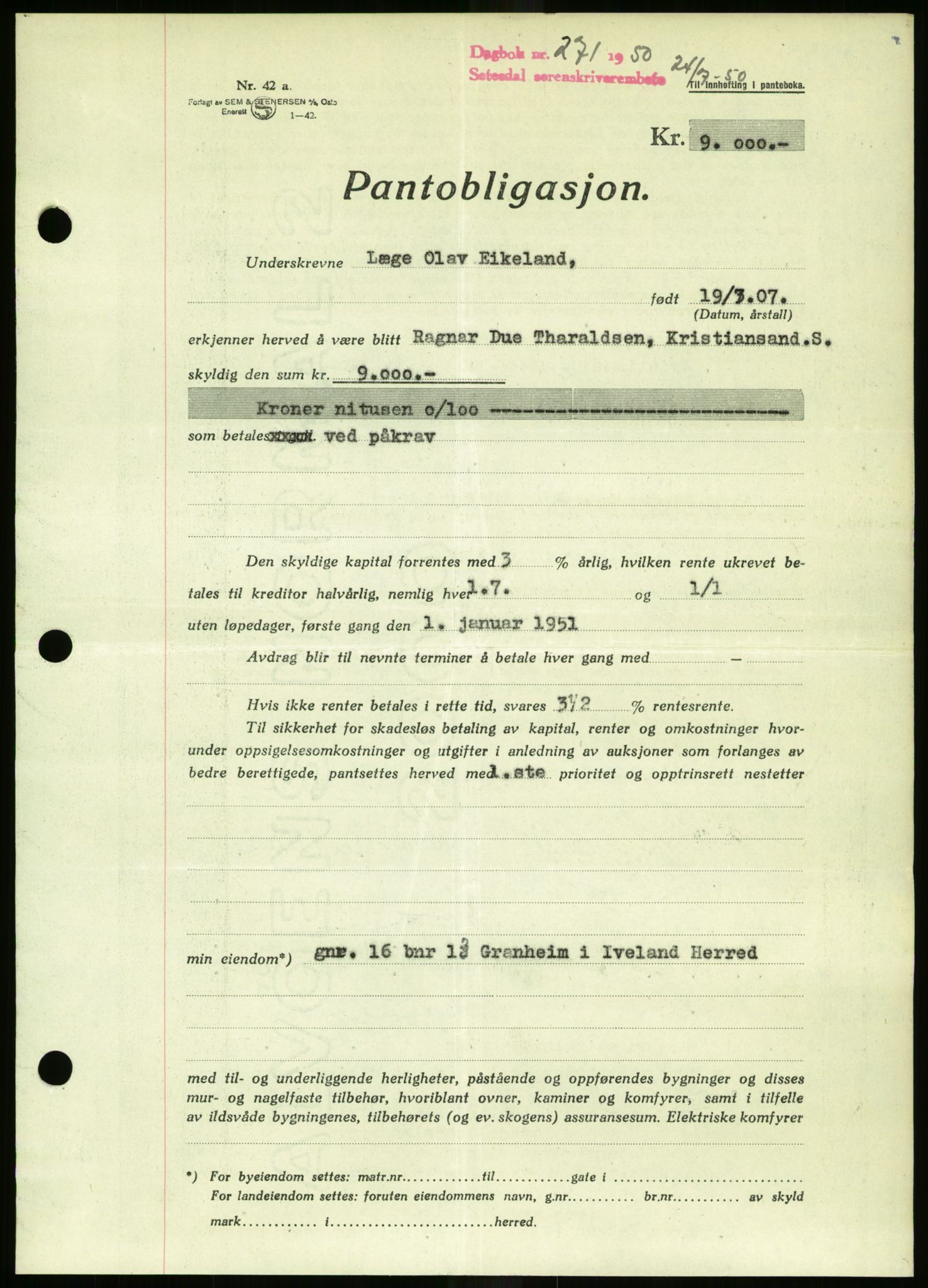 Setesdal sorenskriveri, SAK/1221-0011/G/Gb/L0050: Mortgage book no. B 38, 1949-1952, Diary no: : 271/1950