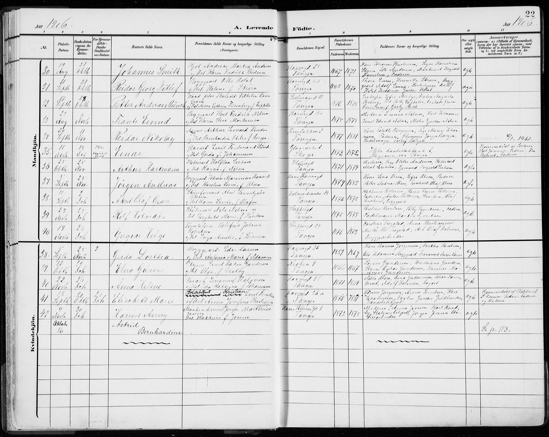 Strømsø kirkebøker, AV/SAKO-A-246/F/Fb/L0008: Parish register (official) no. II 8, 1902-1933, p. 22