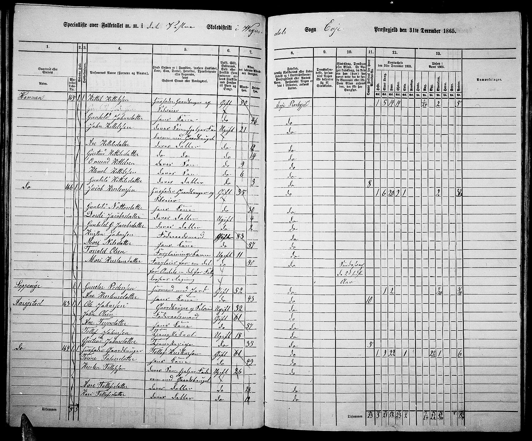 RA, 1865 census for Evje, 1865, p. 66