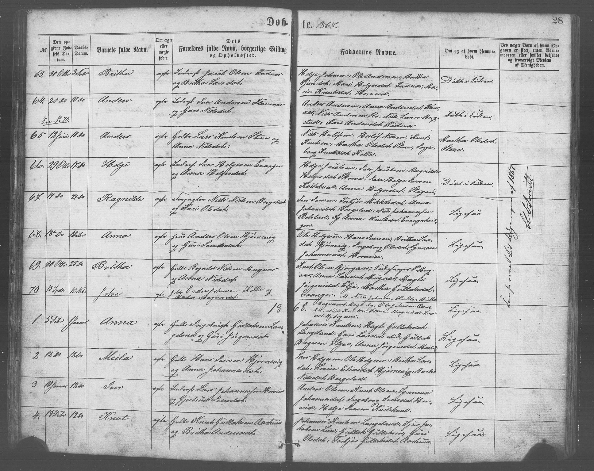 Evanger sokneprestembete, SAB/A-99924: Parish register (copy) no. A 2, 1863-1879, p. 28