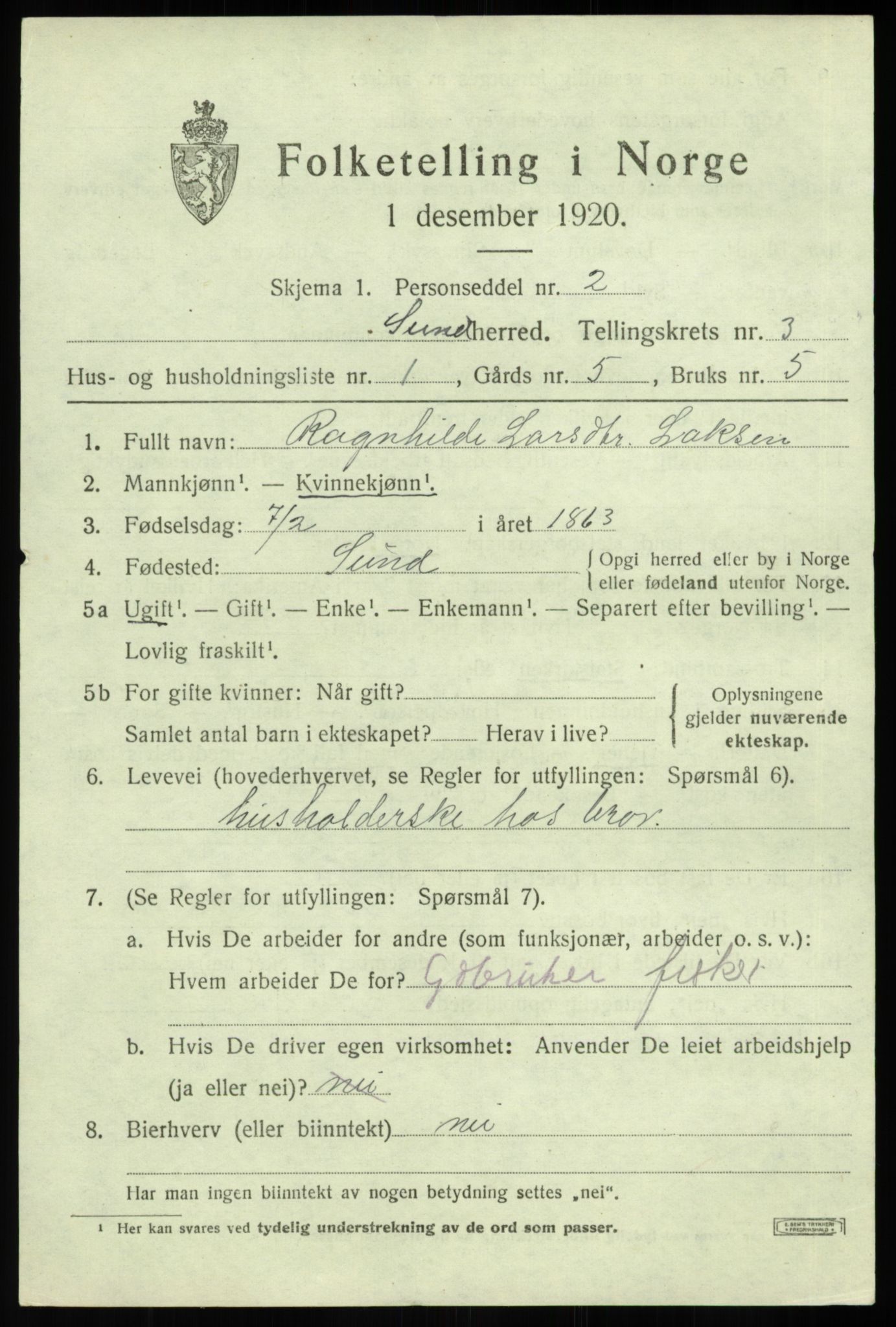 SAB, 1920 census for Sund, 1920, p. 1825