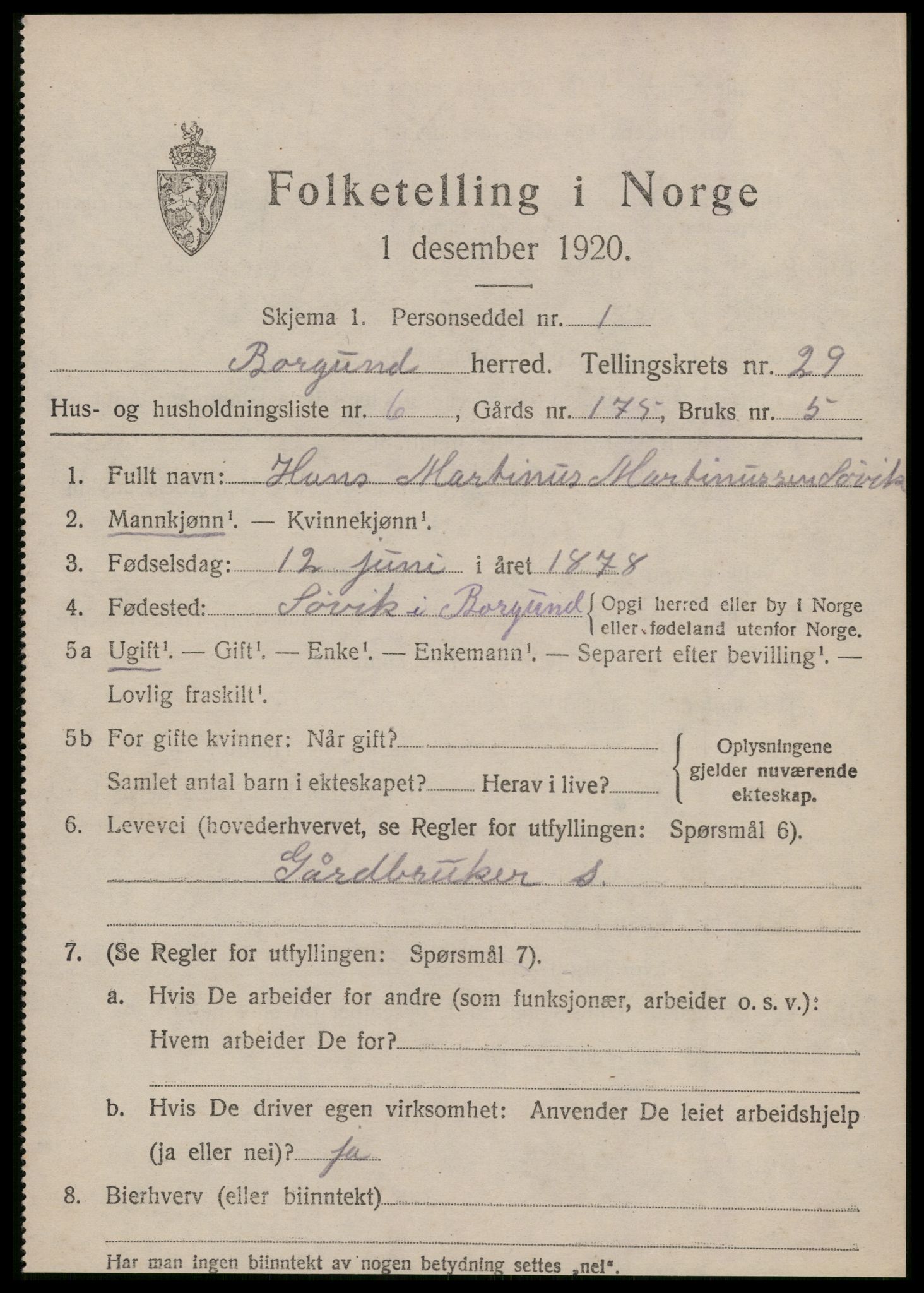SAT, 1920 census for Borgund, 1920, p. 18720