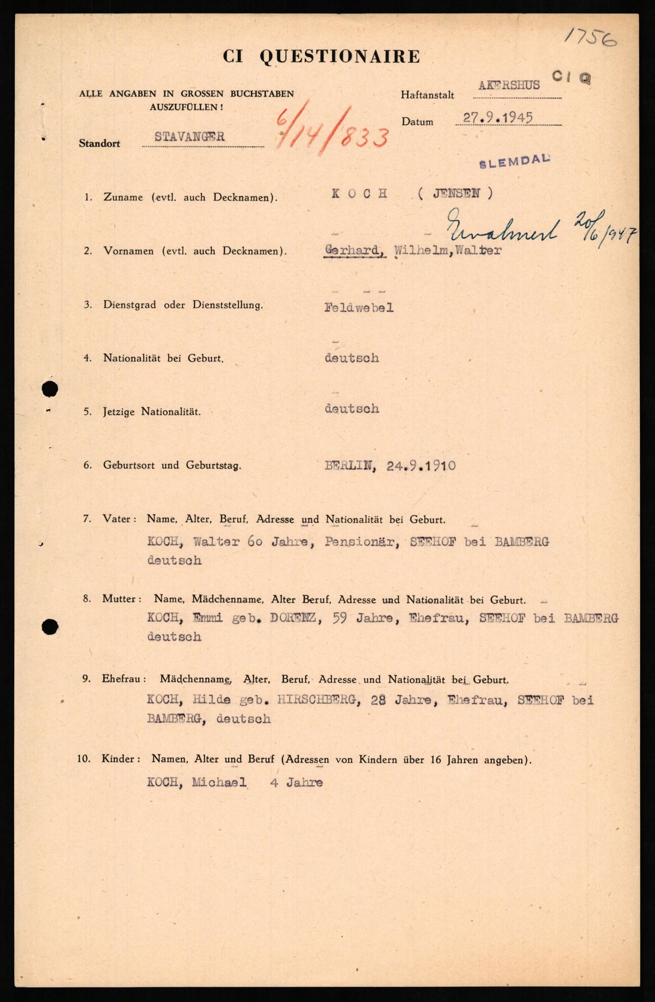 Forsvaret, Forsvarets overkommando II, RA/RAFA-3915/D/Db/L0017: CI Questionaires. Tyske okkupasjonsstyrker i Norge. Tyskere., 1945-1946, p. 169