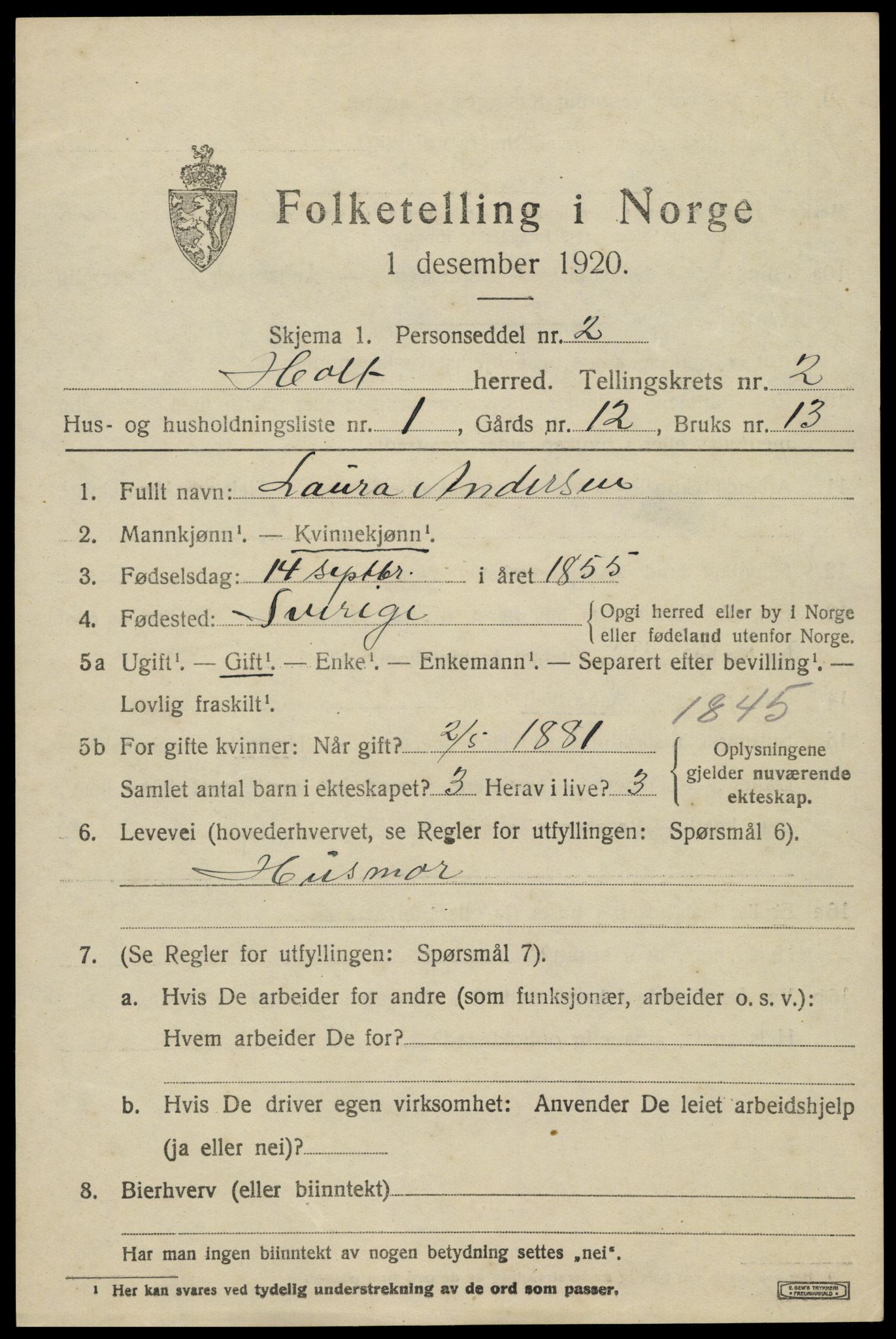 SAK, 1920 census for Holt, 1920, p. 2088