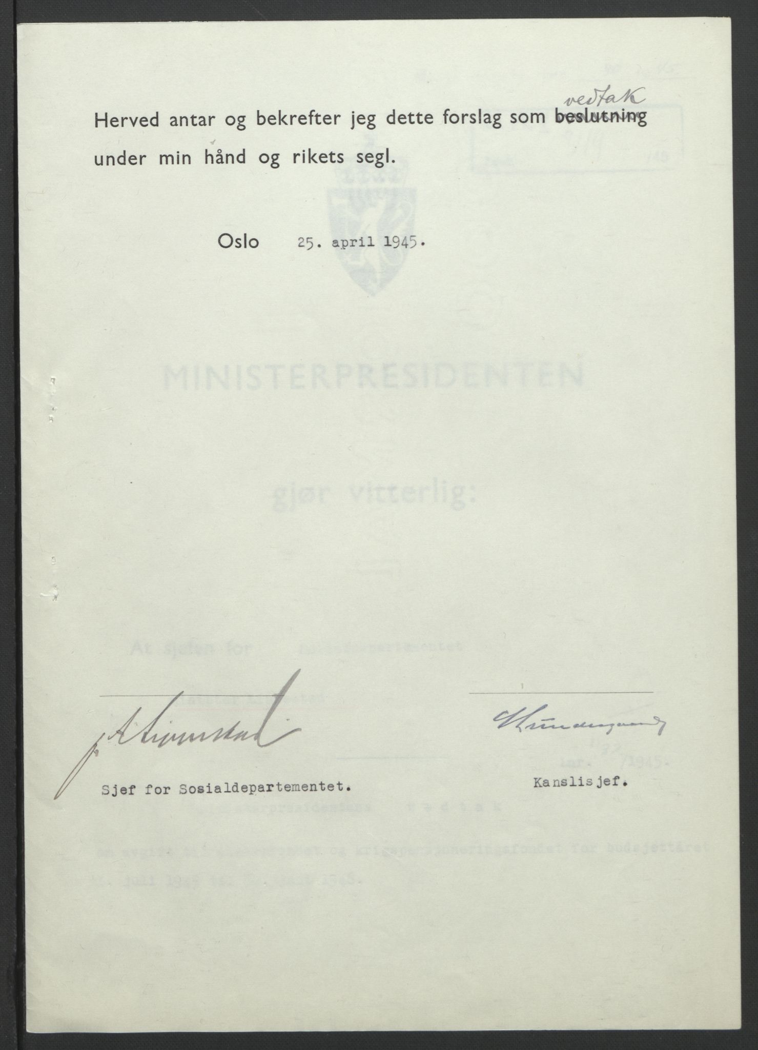 NS-administrasjonen 1940-1945 (Statsrådsekretariatet, de kommisariske statsråder mm), AV/RA-S-4279/D/Db/L0101/0001: -- / Lover og vedtak, 1945, p. 252