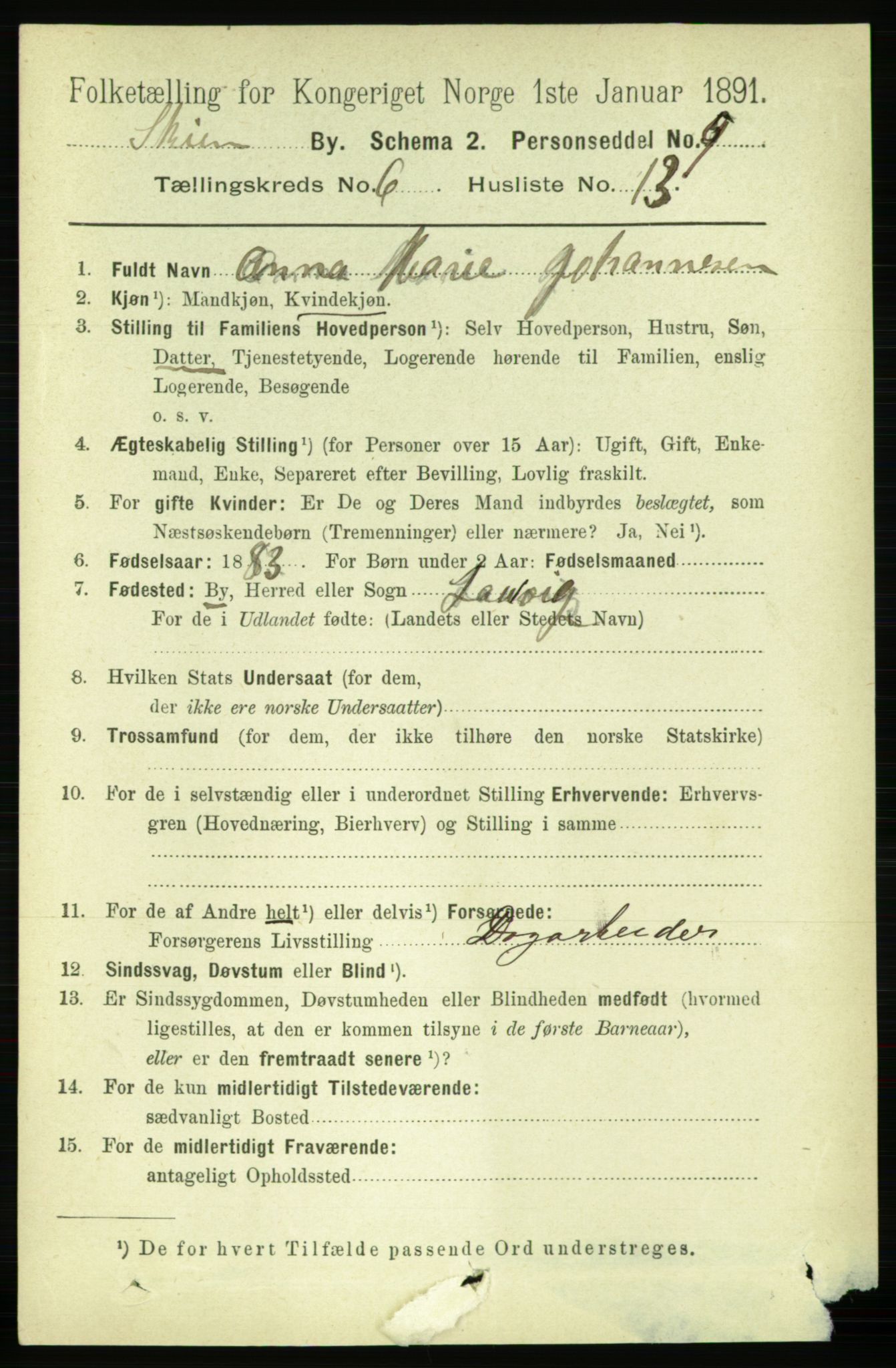 RA, 1891 census for 0806 Skien, 1891, p. 3131