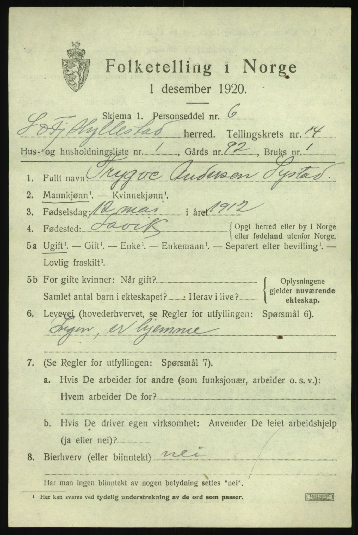 SAB, 1920 census for Hyllestad, 1920, p. 5104