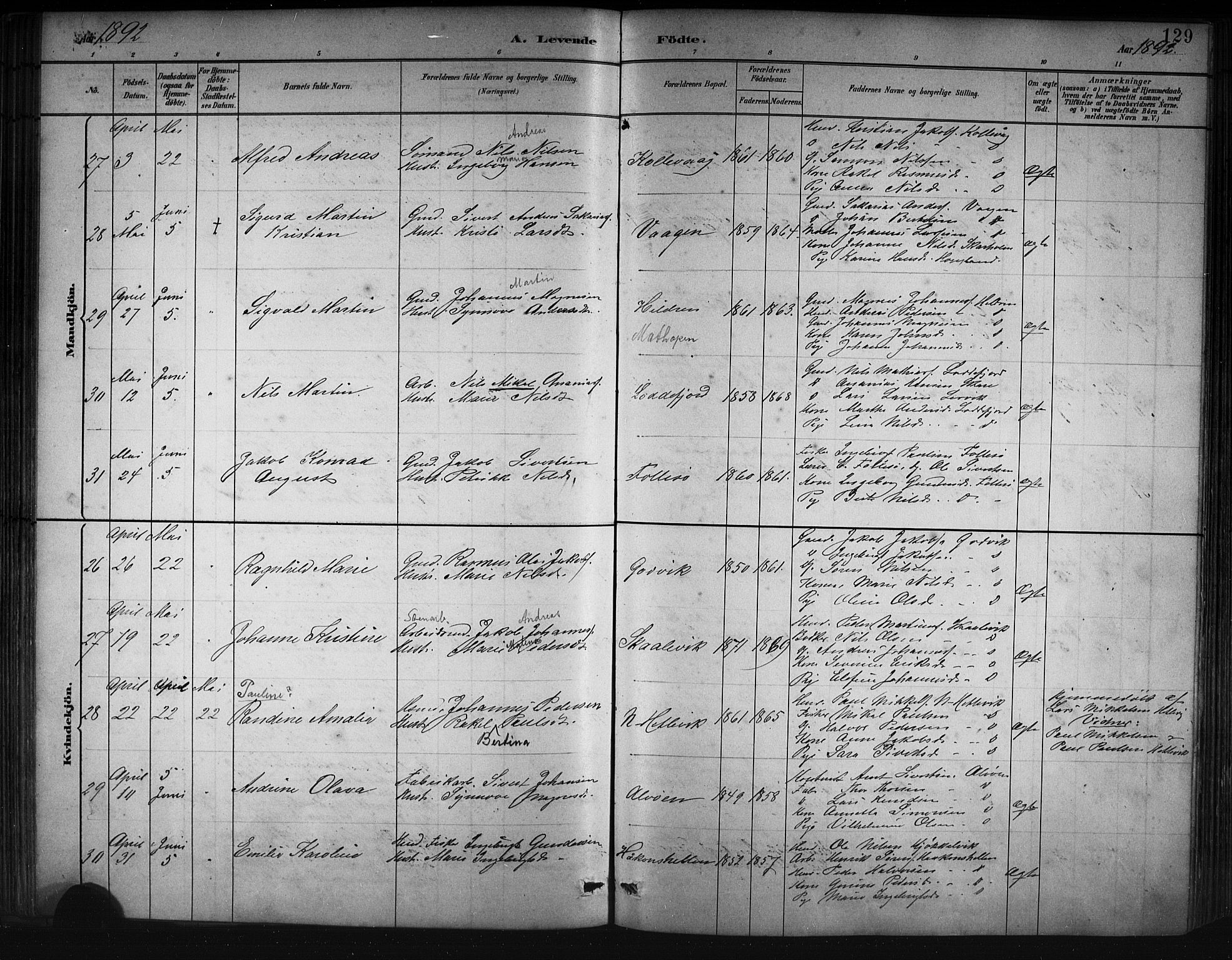 Askøy Sokneprestembete, SAB/A-74101/H/Ha/Hab/Haba/L0008: Parish register (copy) no. A 8, 1882-1893, p. 129