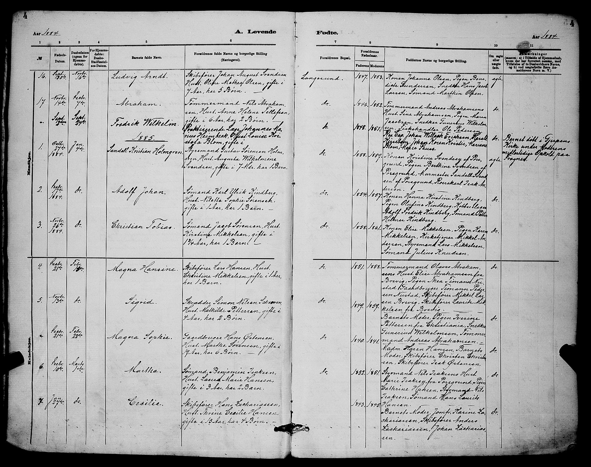 Langesund kirkebøker, AV/SAKO-A-280/G/Ga/L0005: Parish register (copy) no. 5, 1884-1898, p. 4