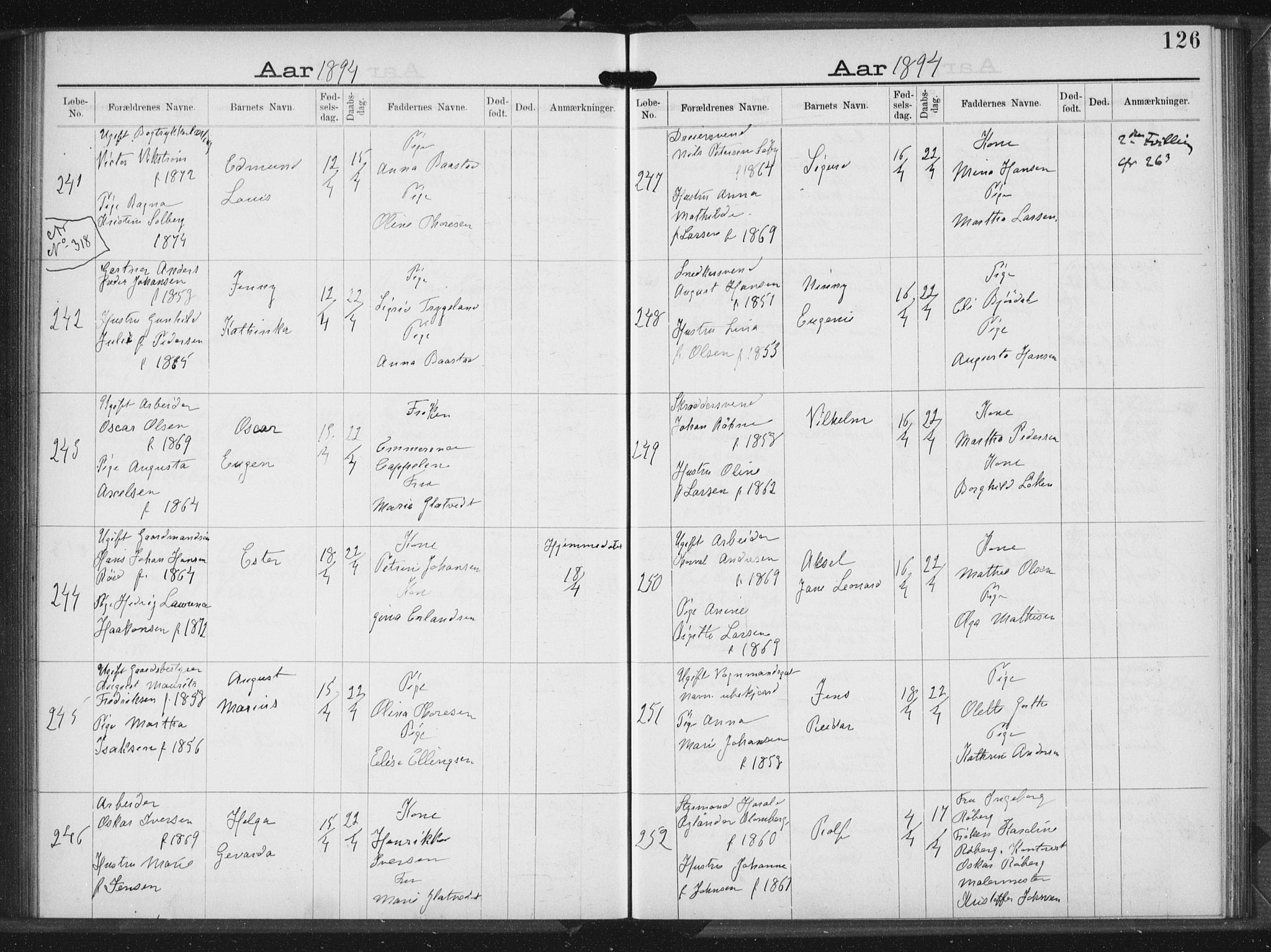 Rikshospitalet prestekontor Kirkebøker, SAO/A-10309b/K/L0004/0001: Baptism register no. 4.1, 1892-1895, p. 126