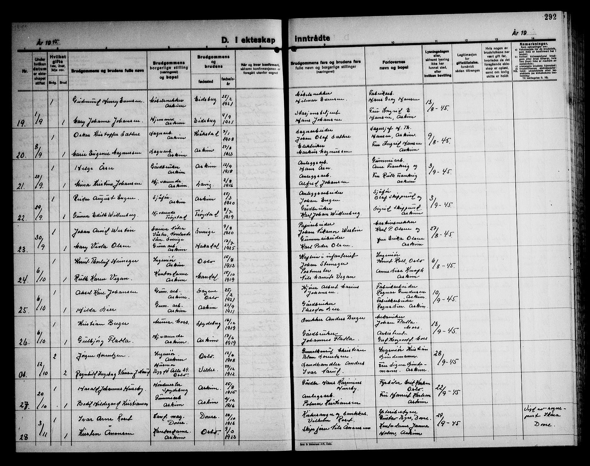 Askim prestekontor Kirkebøker, AV/SAO-A-10900/G/Ga/L0004: Parish register (copy) no. 4, 1938-1947, p. 292