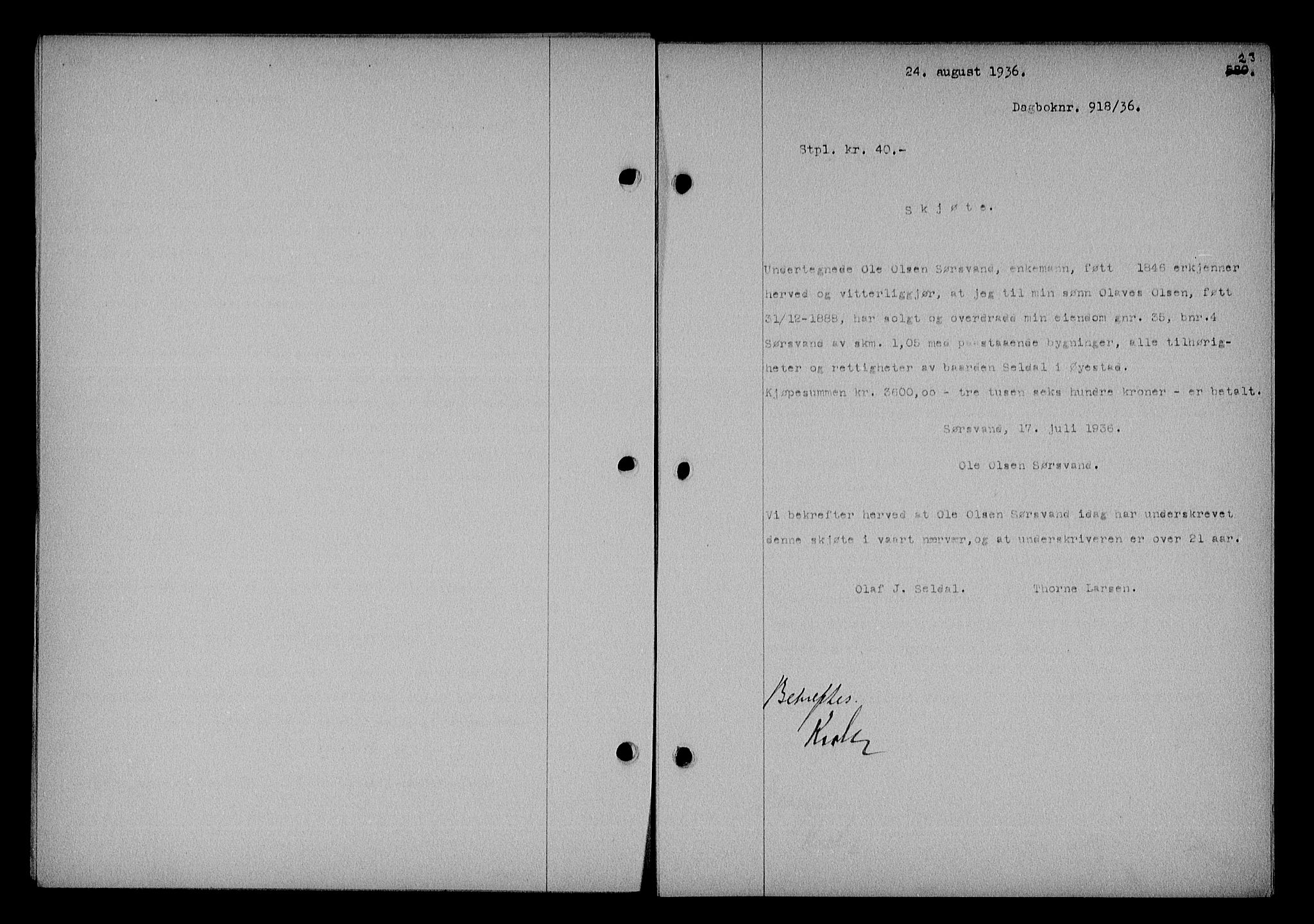 Nedenes sorenskriveri, SAK/1221-0006/G/Gb/Gba/L0043: Mortgage book no. 39, 1936-1937, Diary no: : 918/1936
