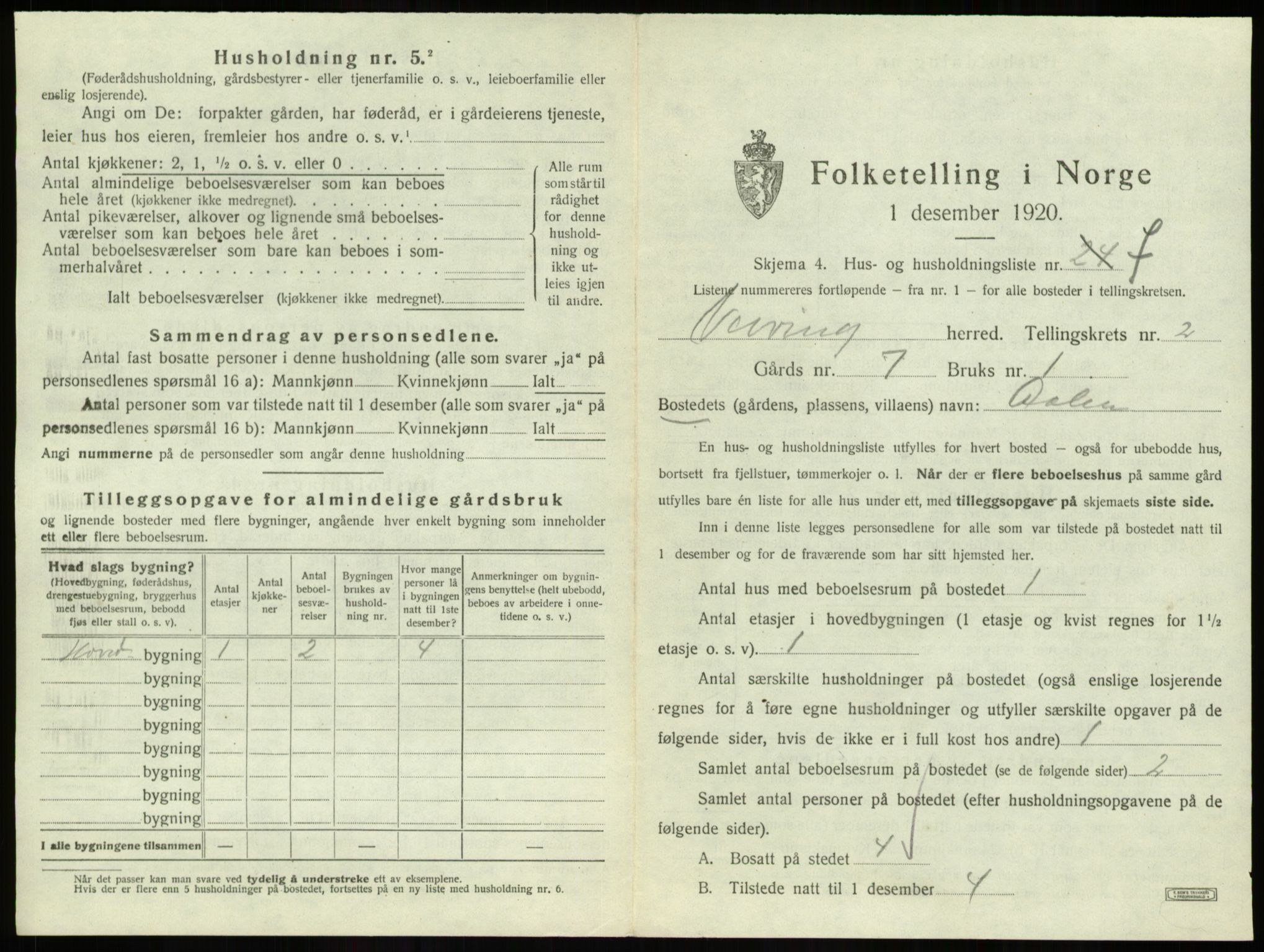 SAB, 1920 census for Vevring, 1920, p. 82