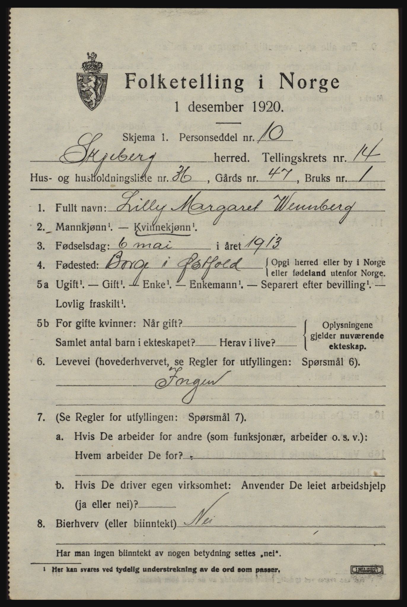 SAO, 1920 census for Skjeberg, 1920, p. 13665