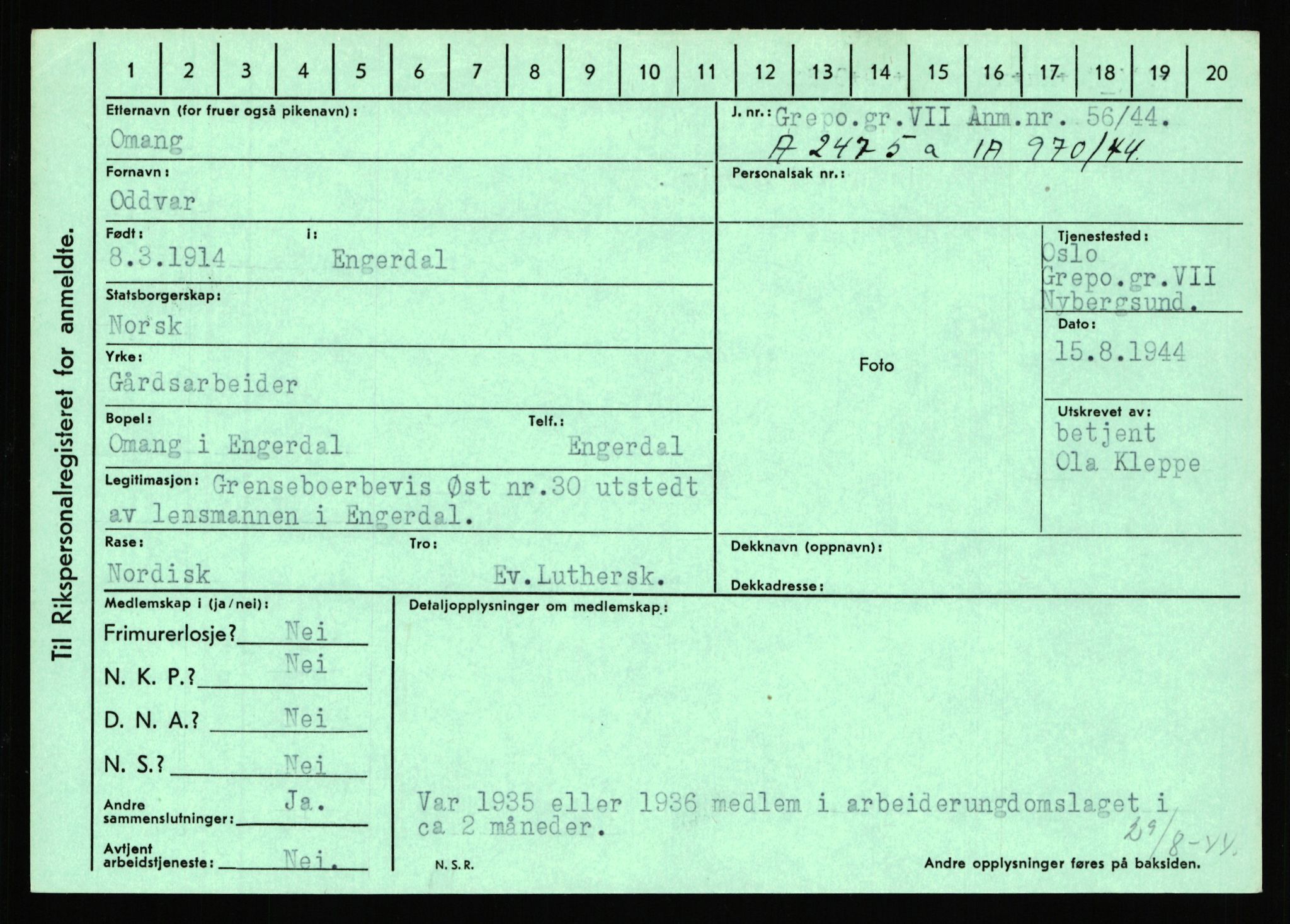 Statspolitiet - Hovedkontoret / Osloavdelingen, AV/RA-S-1329/C/Ca/L0012: Oanæs - Quistgaard	, 1943-1945, p. 2022