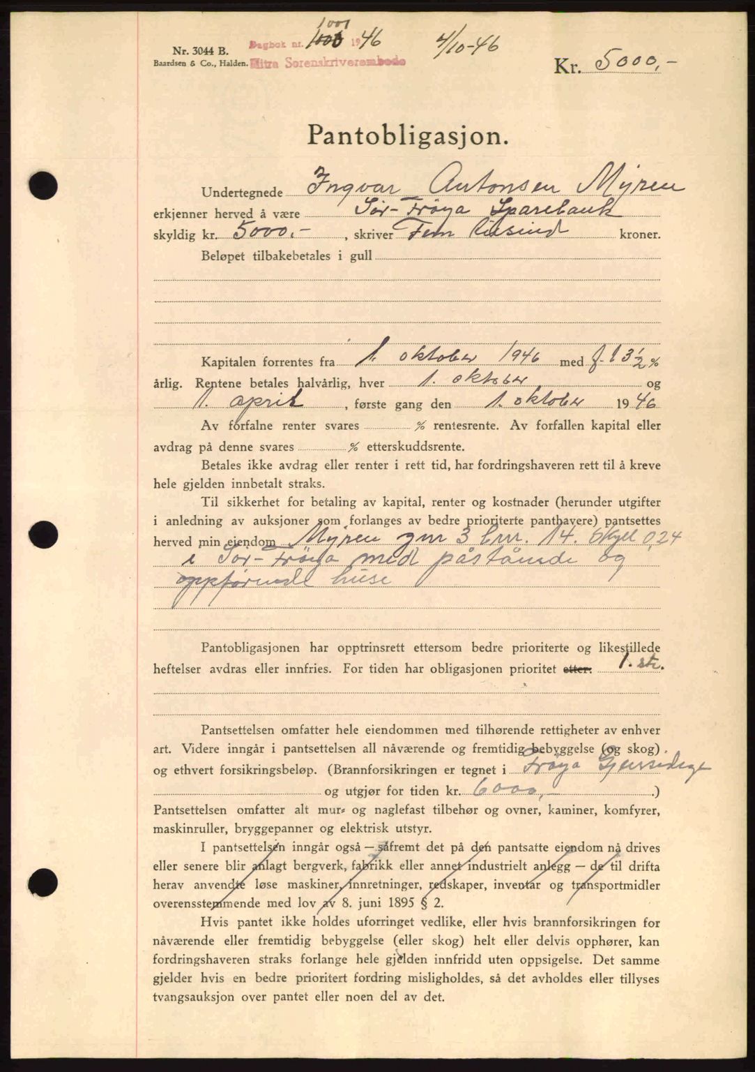 Hitra sorenskriveri, AV/SAT-A-0018/2/2C/2Ca: Mortgage book no. B1, 1939-1949, Diary no: : 1000/1946