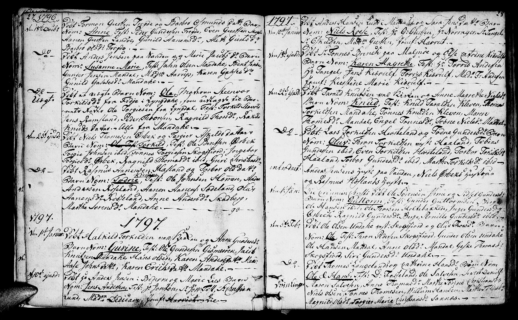 Mandal sokneprestkontor, SAK/1111-0030/F/Fa/Faa/L0008: Parish register (official) no. A 8, 1794-1817, p. 27-28