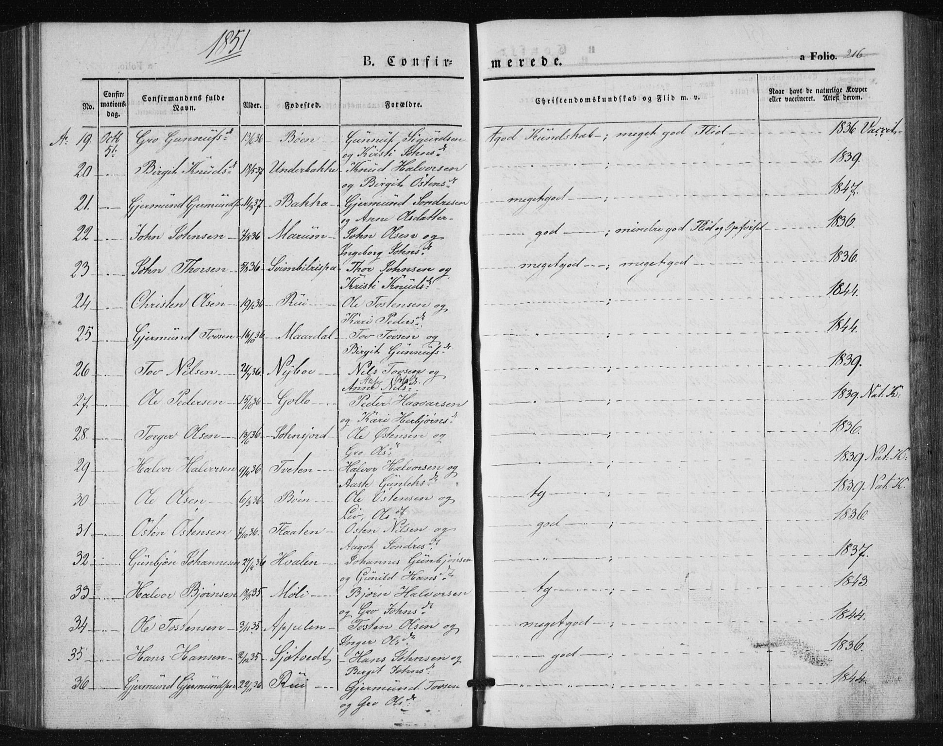 Tinn kirkebøker, SAKO/A-308/F/Fa/L0005: Parish register (official) no. I 5, 1844-1856, p. 216