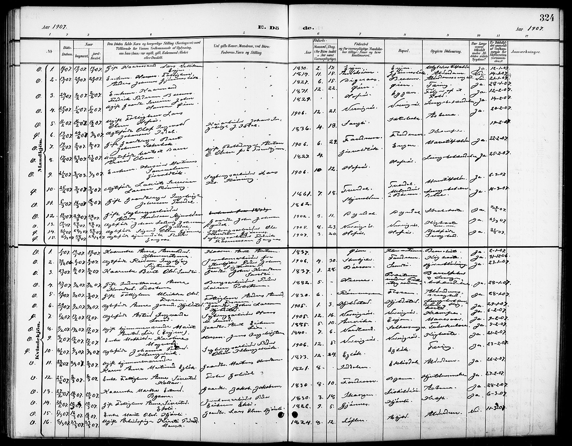 Ministerialprotokoller, klokkerbøker og fødselsregistre - Sør-Trøndelag, SAT/A-1456/668/L0819: Parish register (copy) no. 668C08, 1899-1912, p. 324