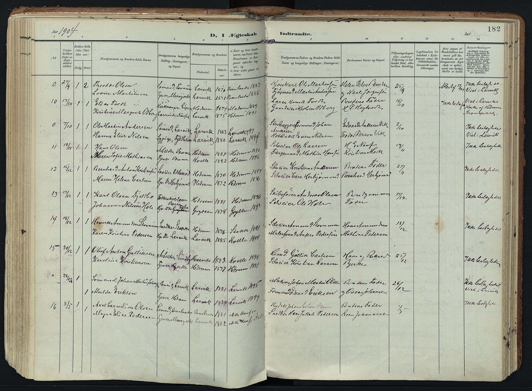 Hedrum kirkebøker, SAKO/A-344/F/Fa/L0010: Parish register (official) no. I 10, 1904-1918, p. 182