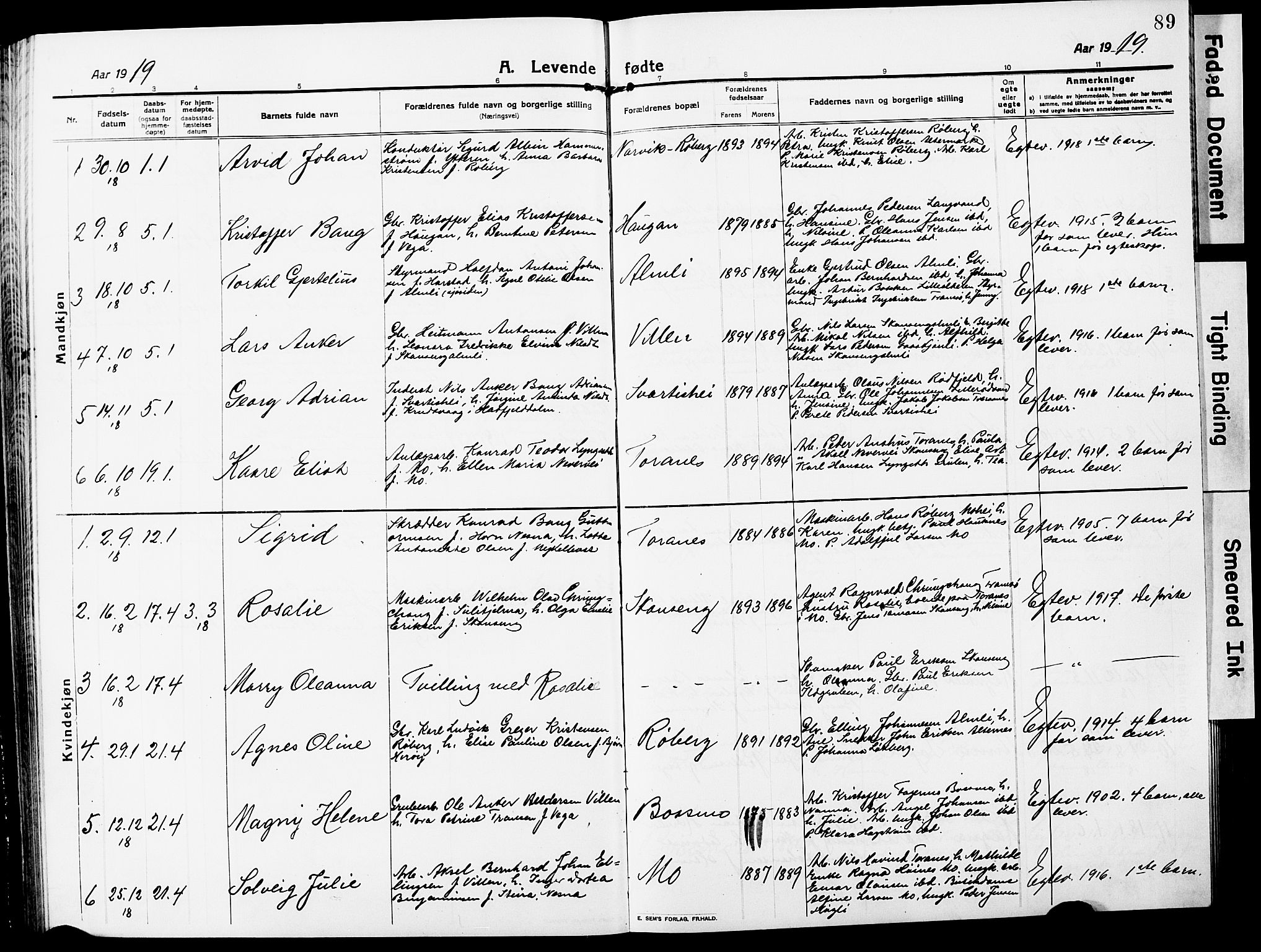 Ministerialprotokoller, klokkerbøker og fødselsregistre - Nordland, AV/SAT-A-1459/827/L0423: Parish register (copy) no. 827C12, 1912-1930, p. 89