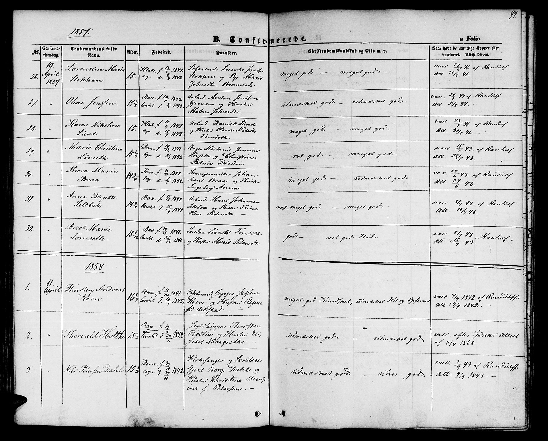 Ministerialprotokoller, klokkerbøker og fødselsregistre - Sør-Trøndelag, SAT/A-1456/604/L0184: Parish register (official) no. 604A05, 1851-1860, p. 94