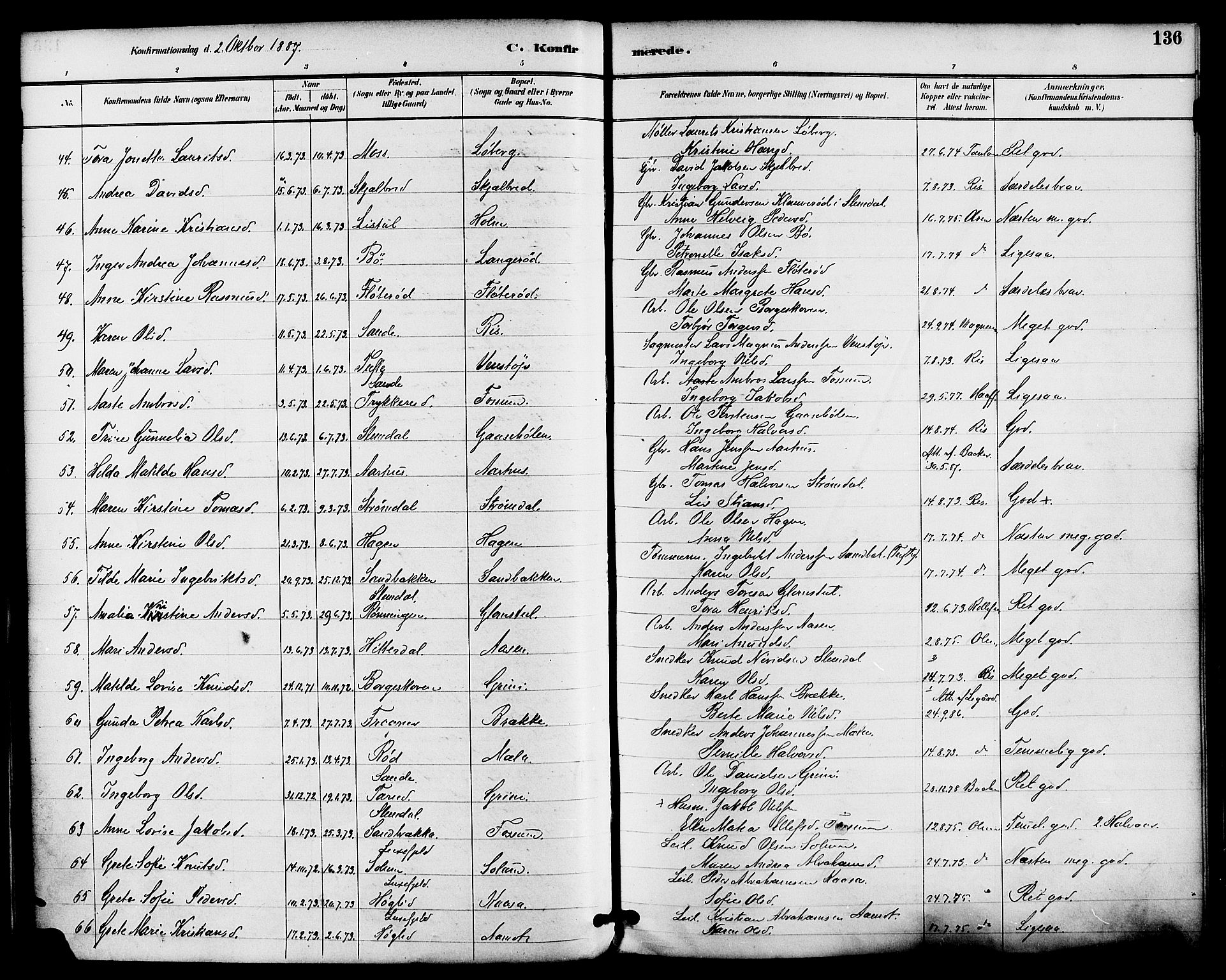 Gjerpen kirkebøker, SAKO/A-265/F/Fa/L0010: Parish register (official) no. I 10, 1886-1895, p. 136