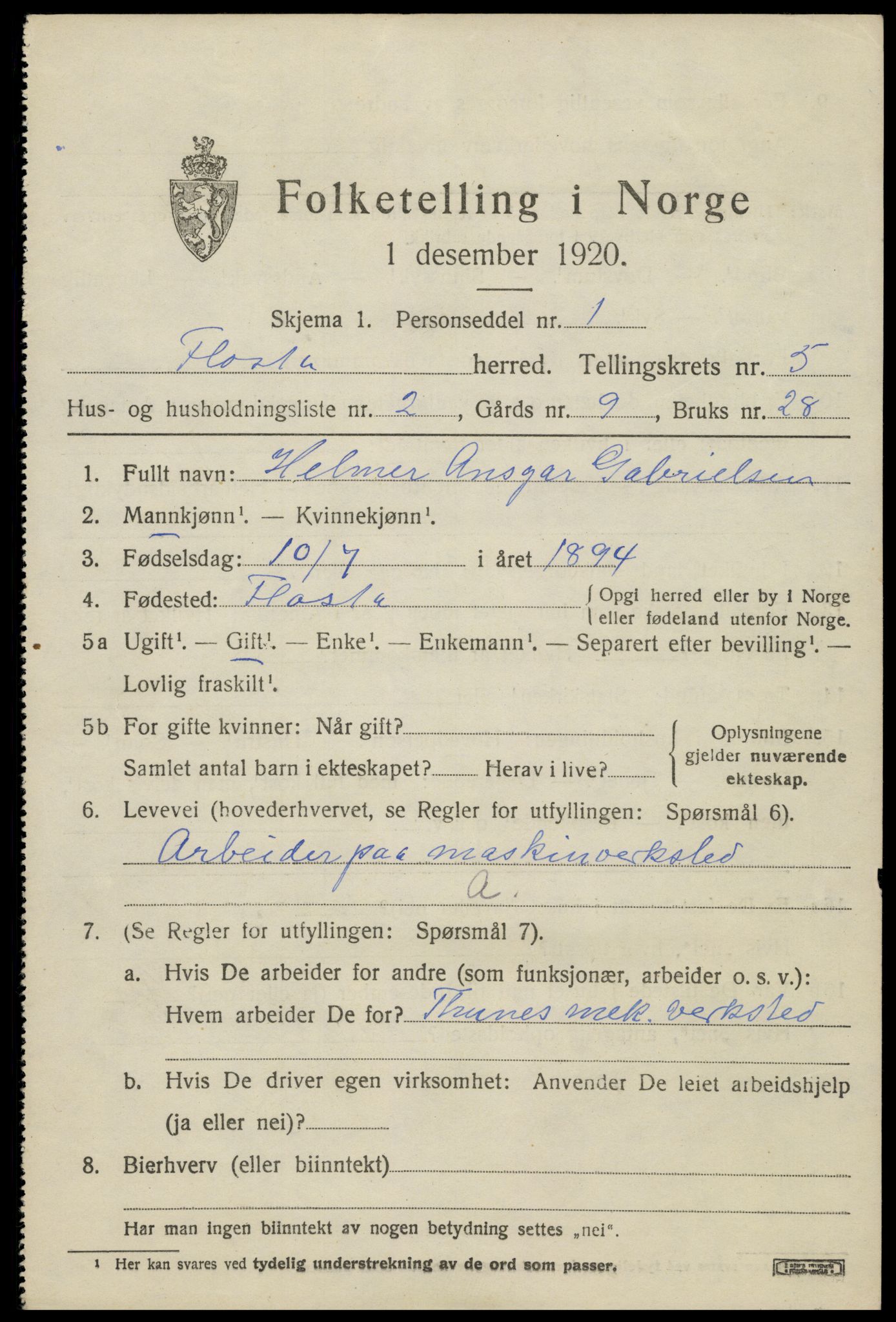 SAK, 1920 census for Flosta, 1920, p. 2862