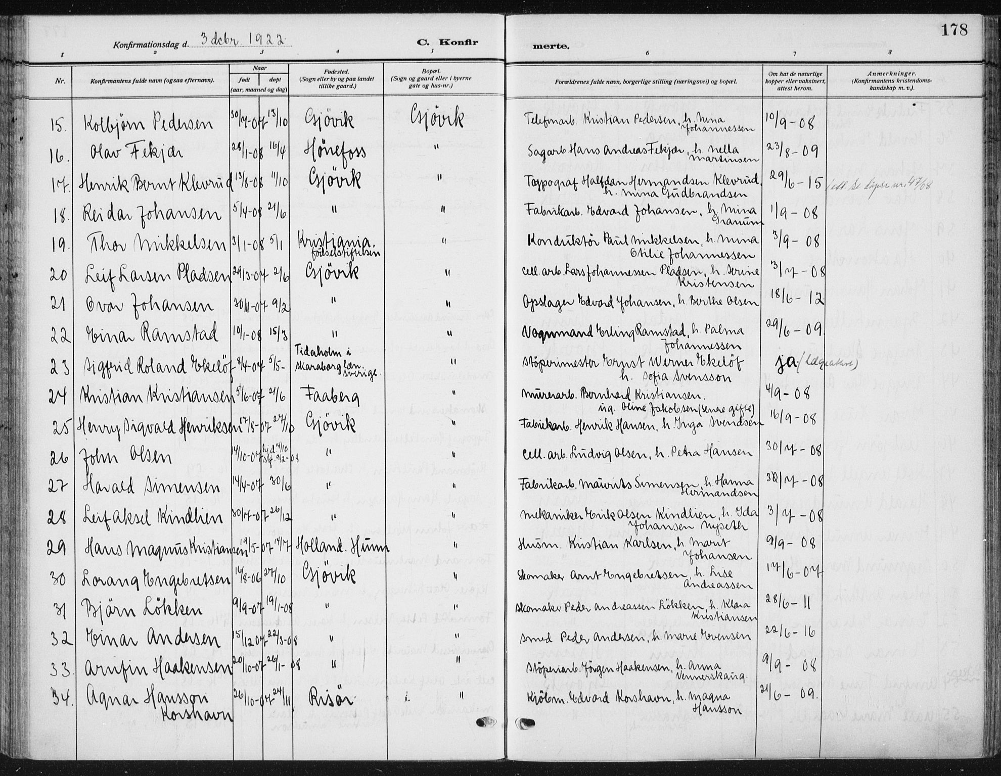 Vardal prestekontor, SAH/PREST-100/H/Ha/Haa/L0014: Parish register (official) no. 14, 1912-1922, p. 178