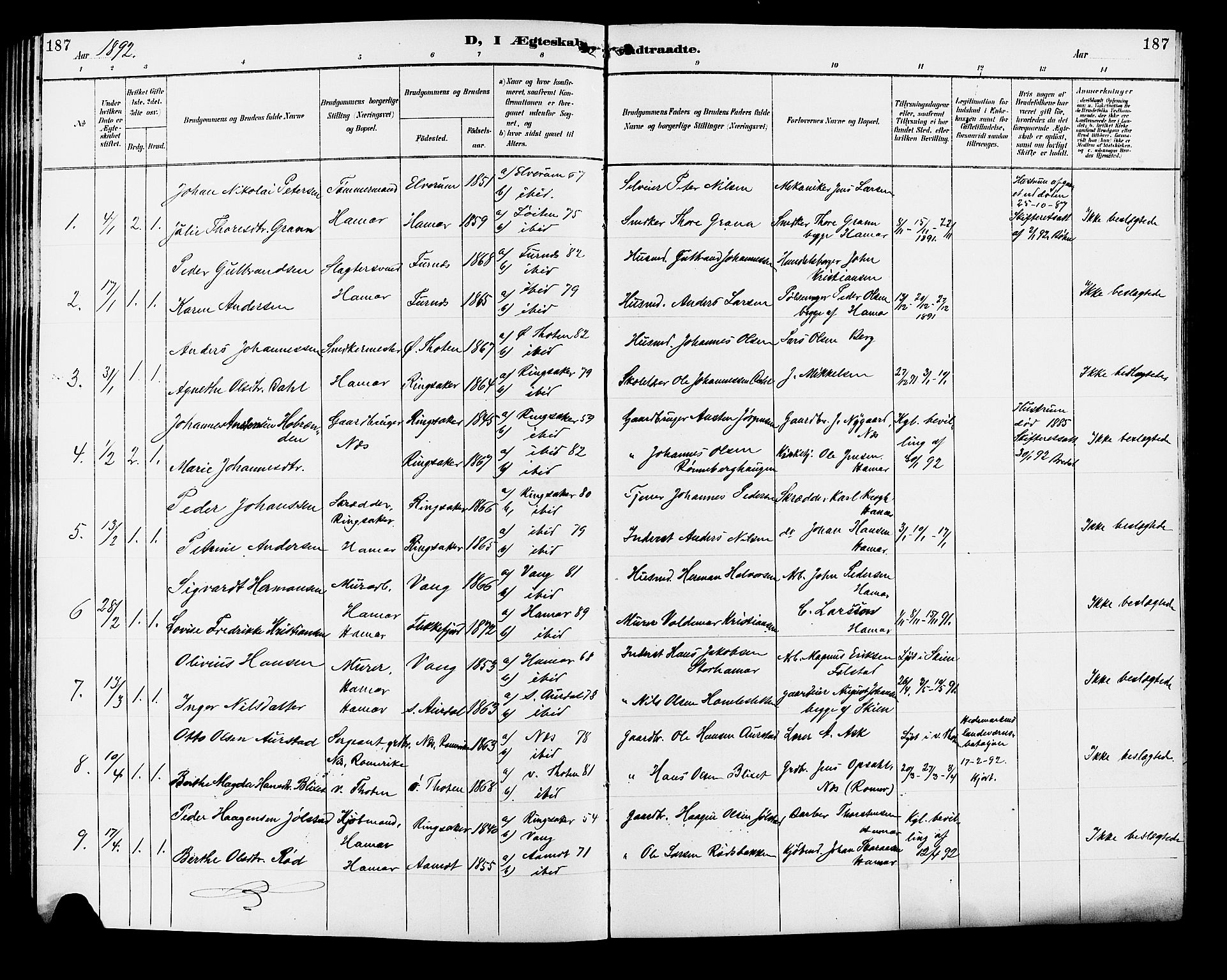Vang prestekontor, Hedmark, SAH/PREST-008/H/Ha/Hab/L0013: Parish register (copy) no. 13, 1890-1899, p. 187